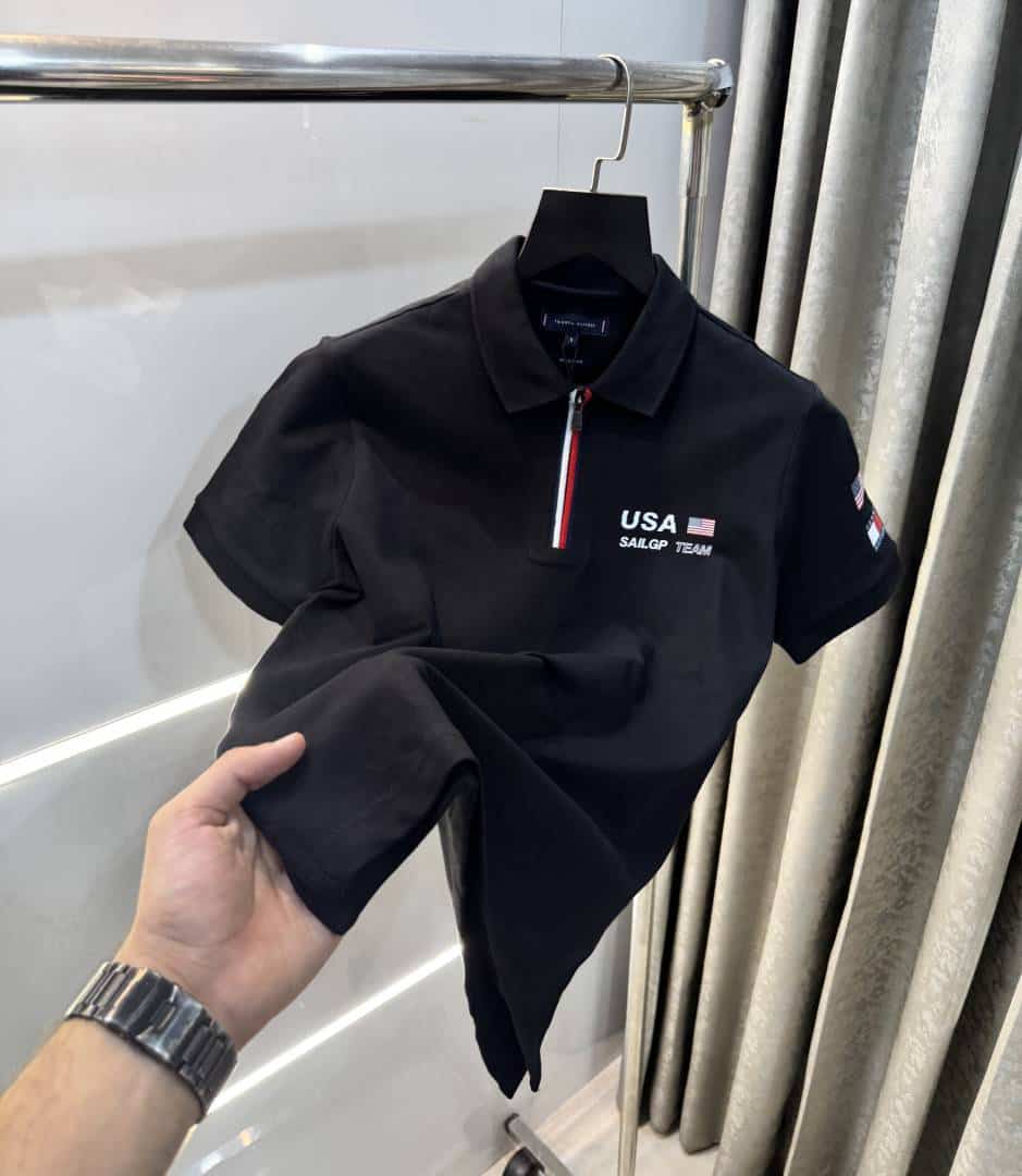 Tomm y Hilfiger Black Logo Print Premium Polo T-Shirt