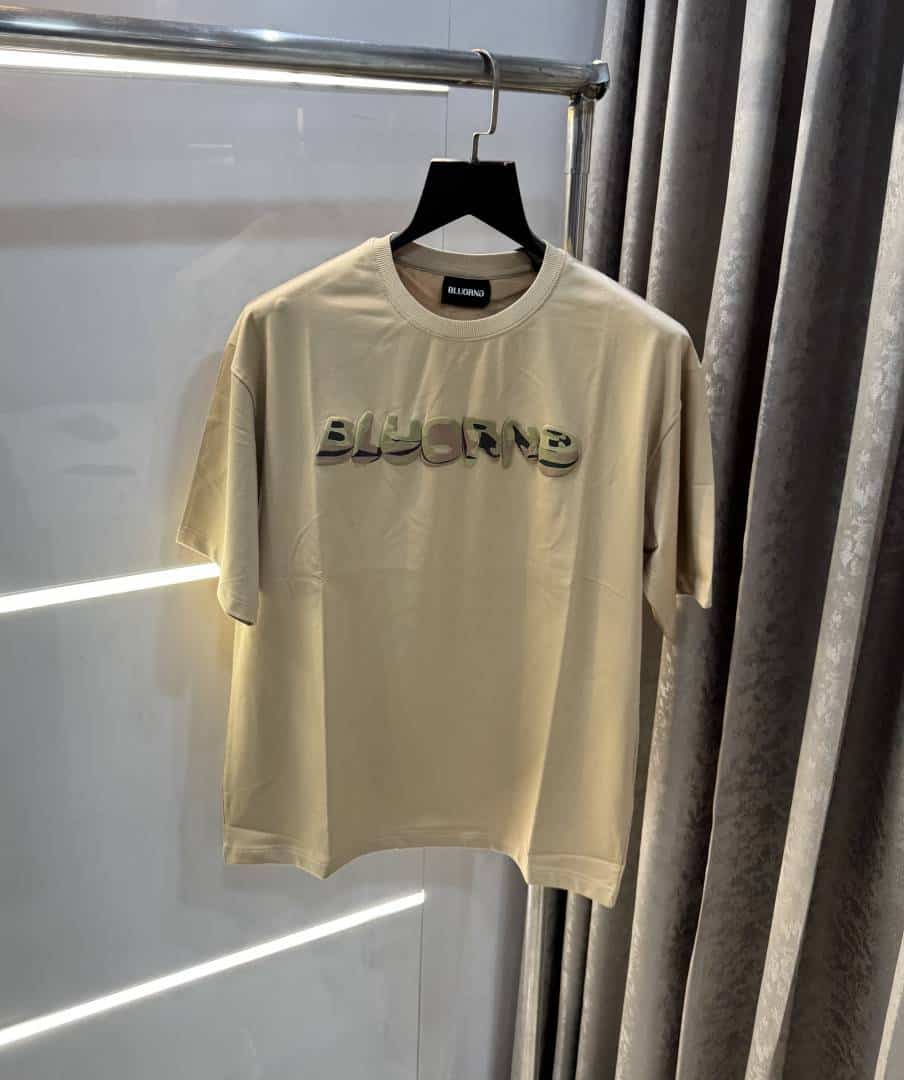 Bluorng Beige EmBo-ssed Print Imported Oversized T-Shirt