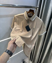 Prad a Milano Beige Patch Logo Imported Polo T-Shirt