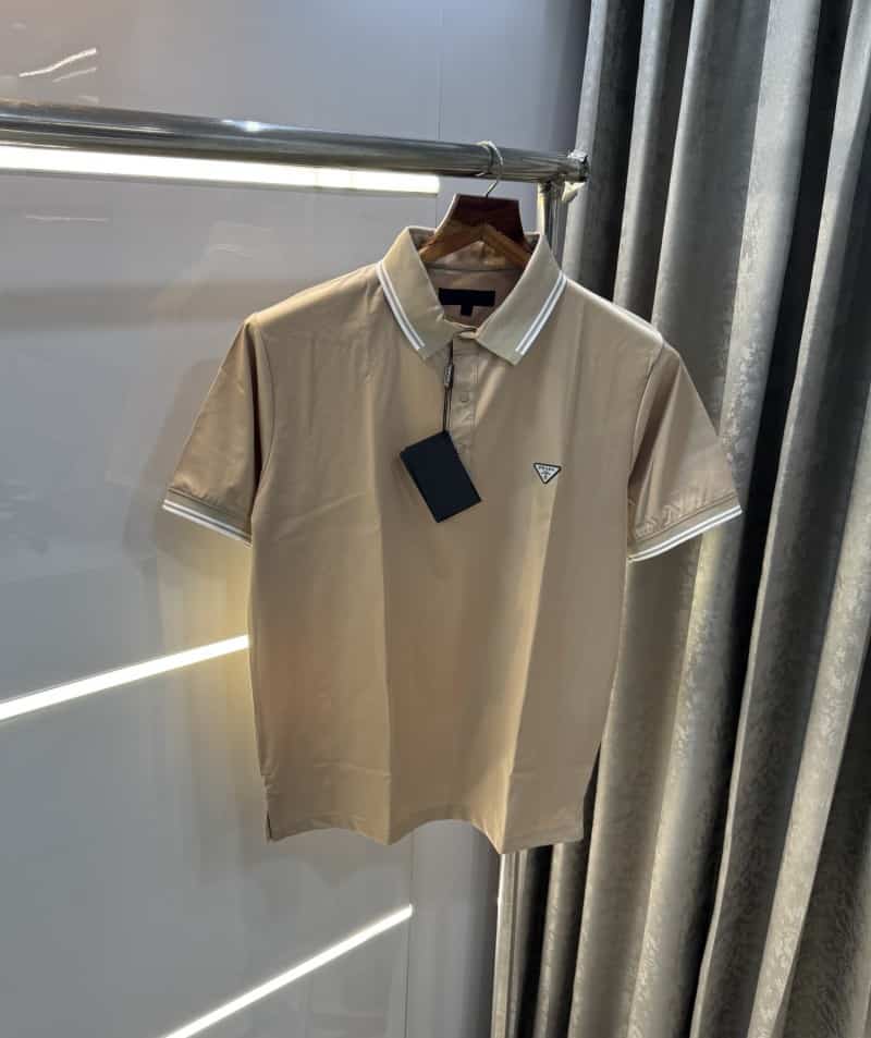 Prad a Milano Beige Patch Logo Imported Polo T-Shirt
