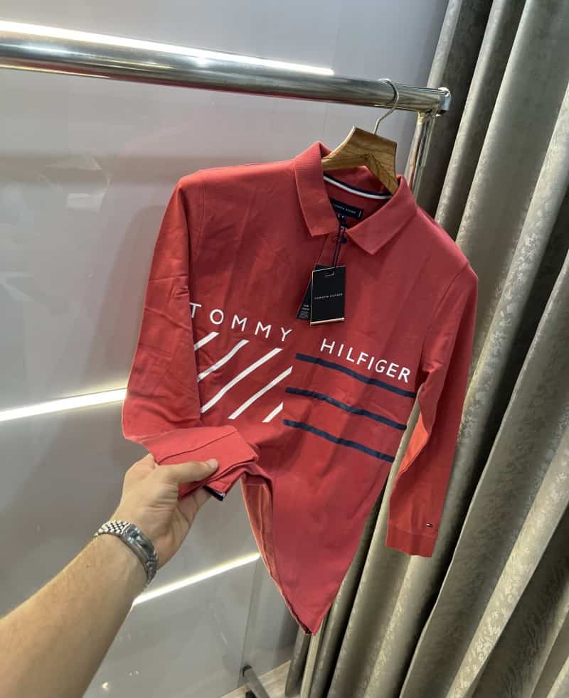 Tomm y Hilfiger Red Logo Print Premium Full Sleeve Polo T-Shirt