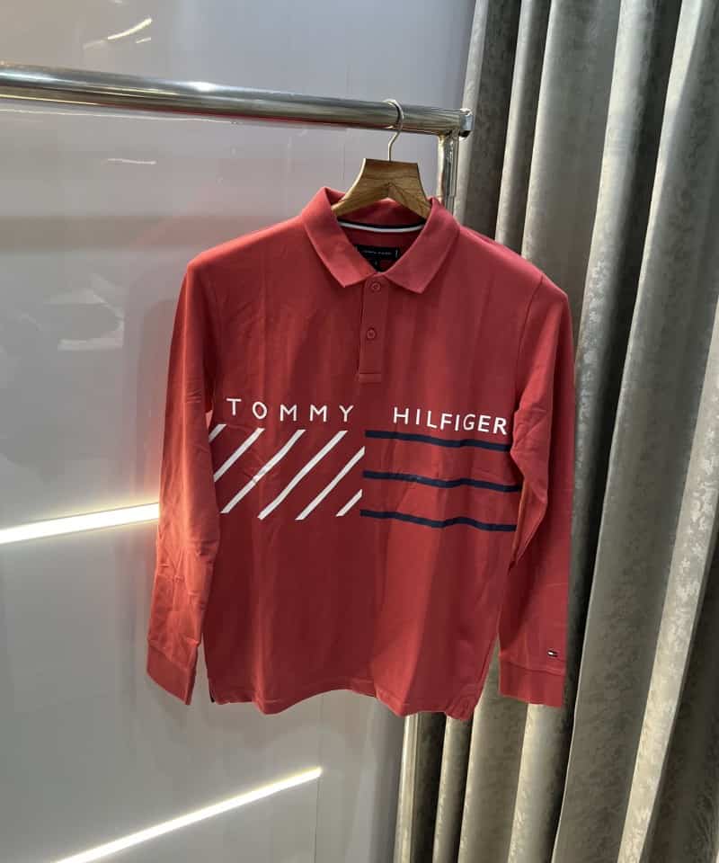 Tomm y Hilfiger Red Logo Print Premium Full Sleeve Polo T-Shirt