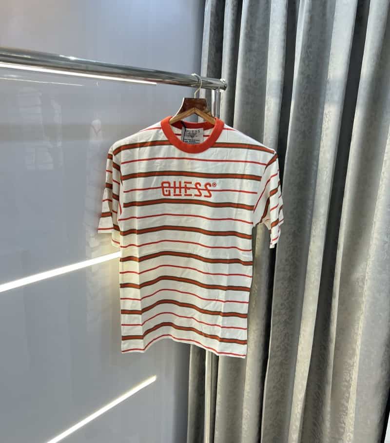 Gues s  White Red Stripes Imported Oversized T-Shirt