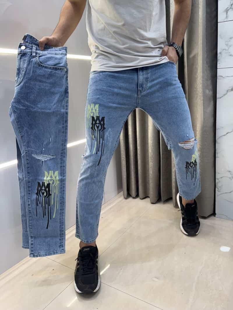 Amir i Sky Blue Printed Open Ripped Imported Denim