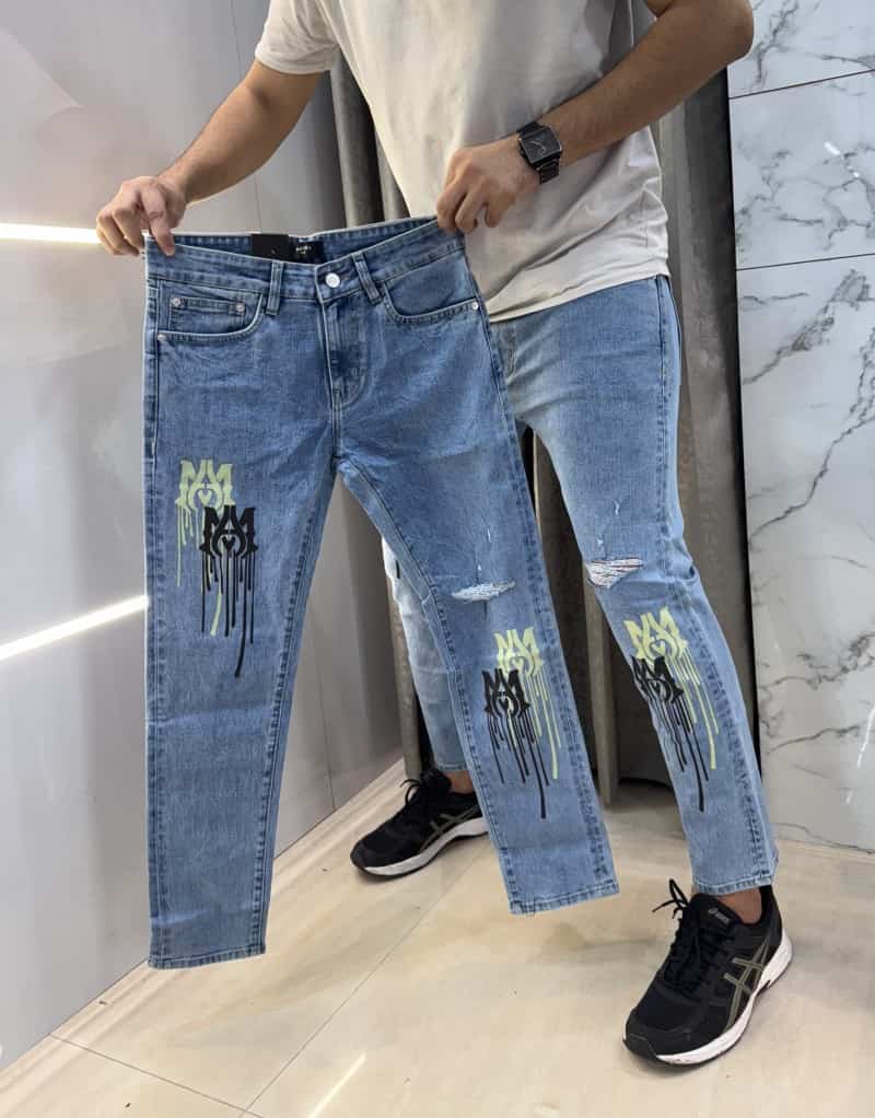 Amir i Sky Blue Printed Open Ripped Imported Denim