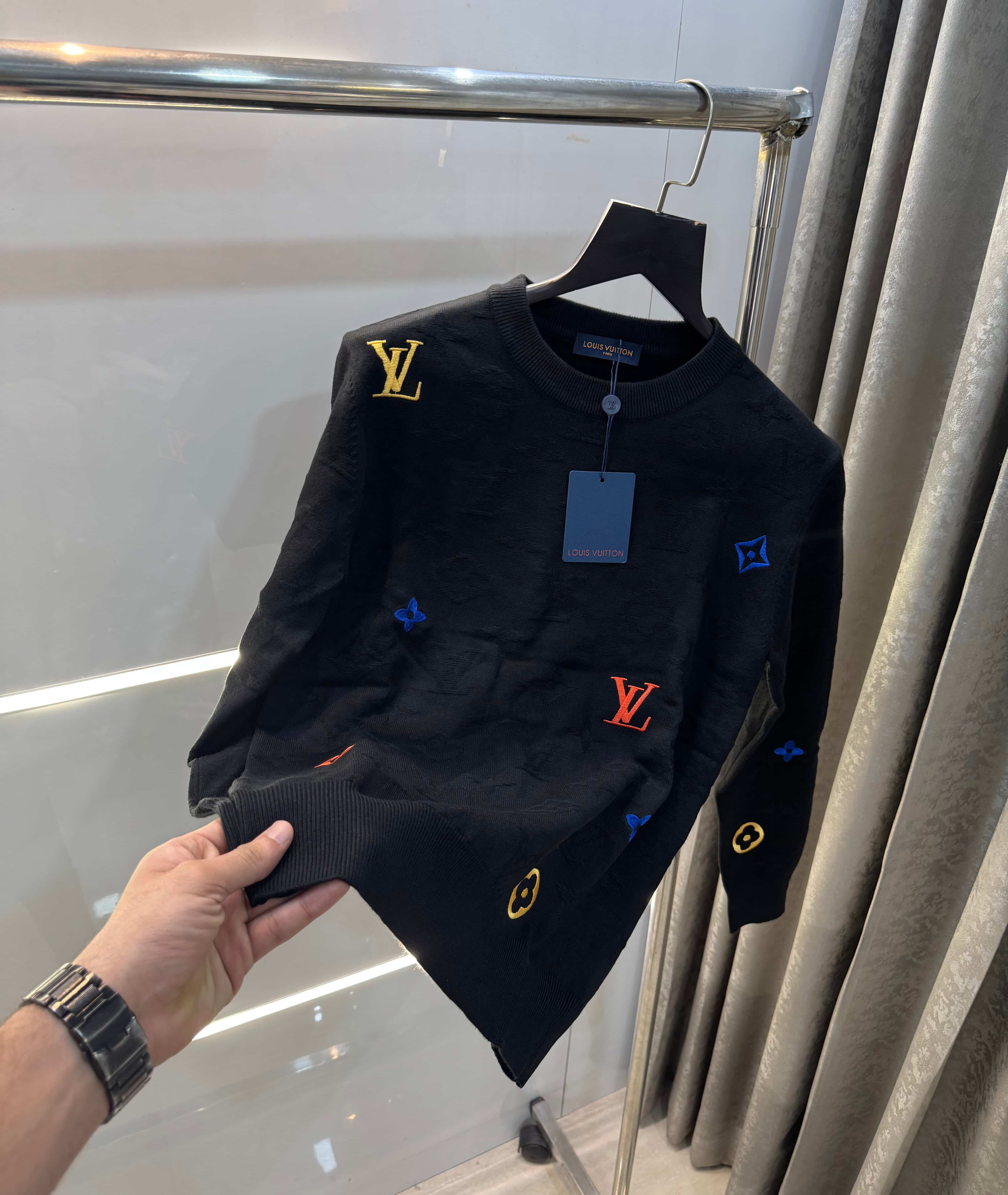 Louis  Vuitton Black Embroidery Logo Imported Knitted Pull Over