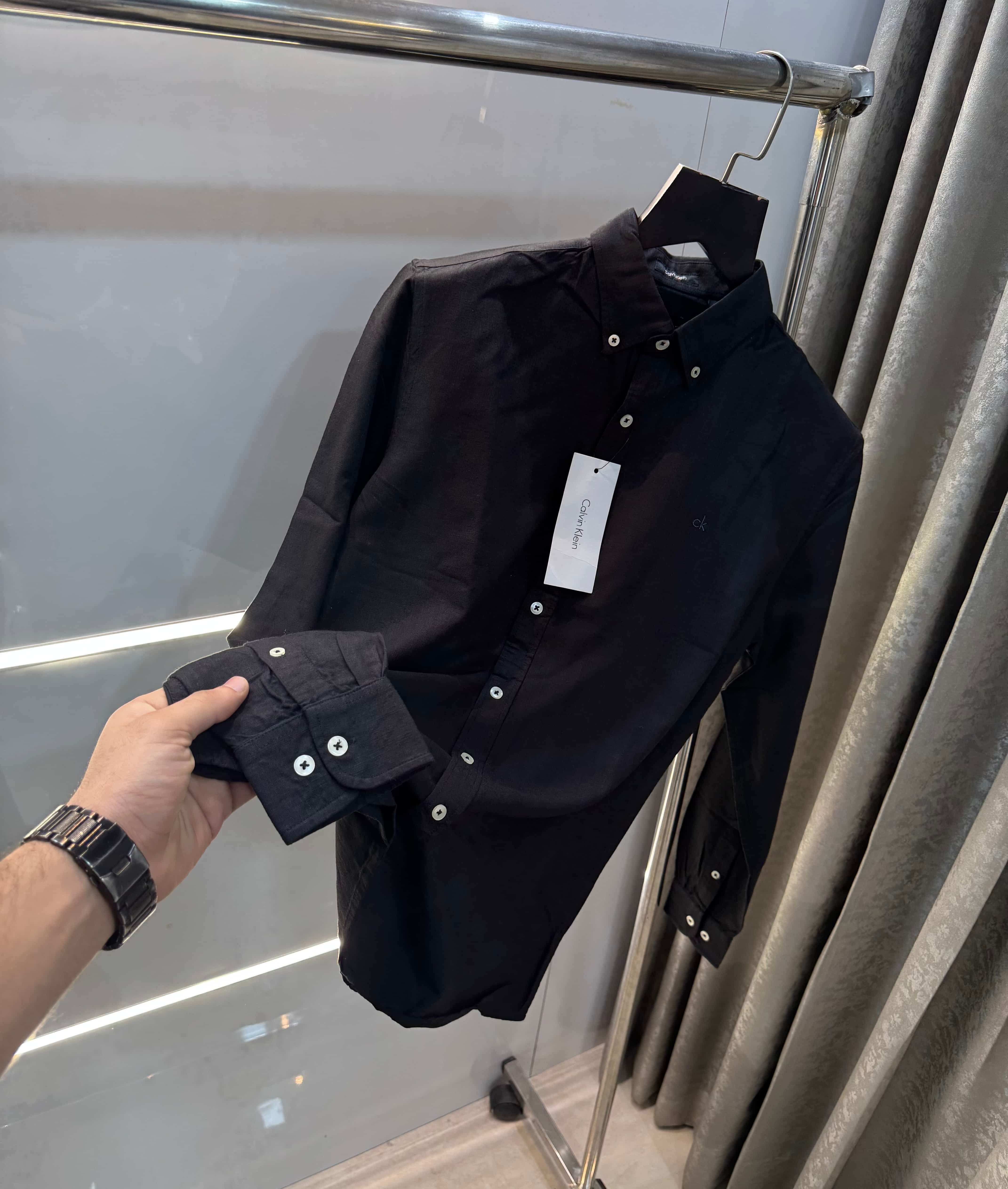 Calvin   klein Black Embroidery Logo Premium Linen Shirt