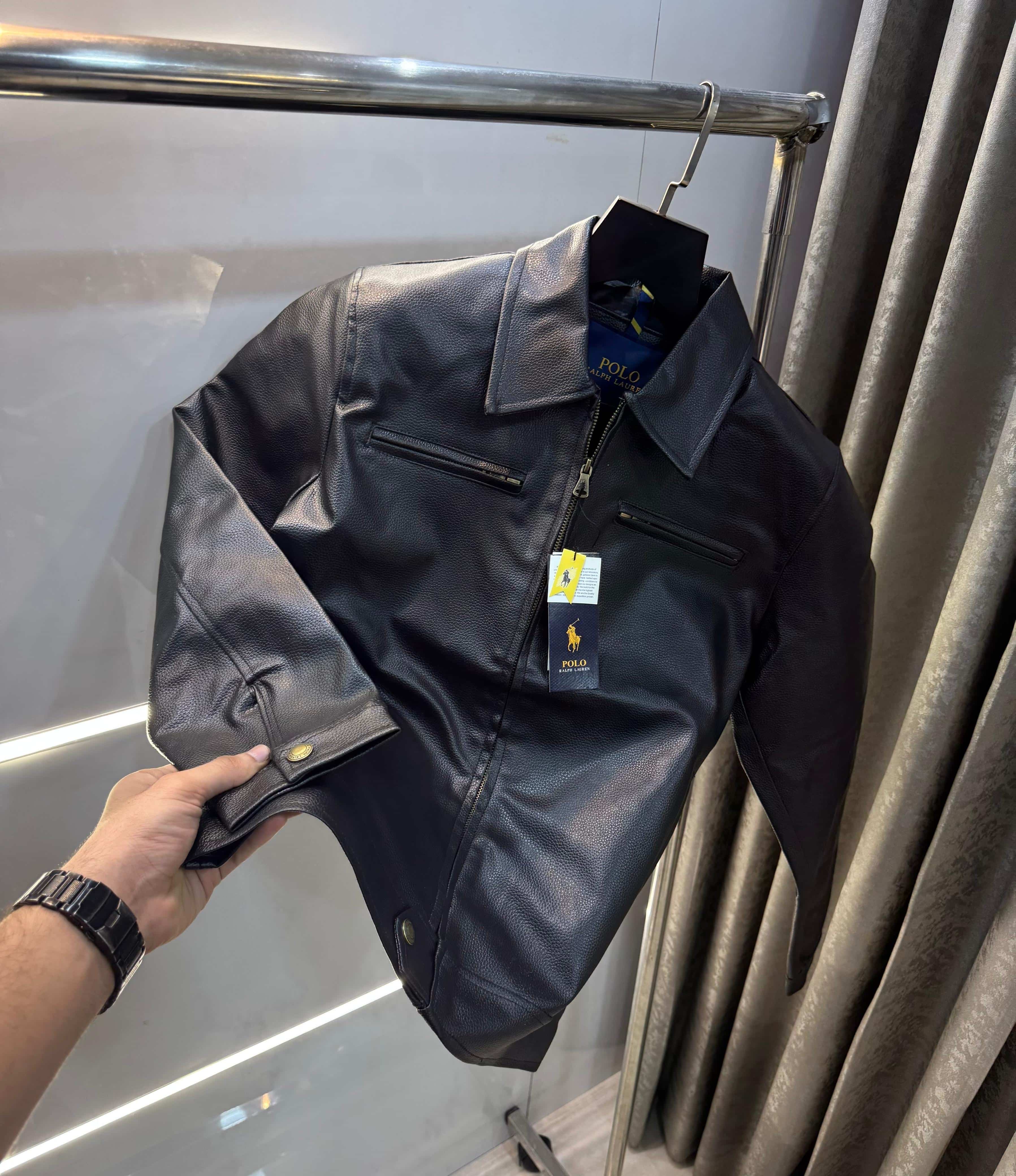 Ralp h Lauren black leather Embroidery Logo Premium Bomber Jacket