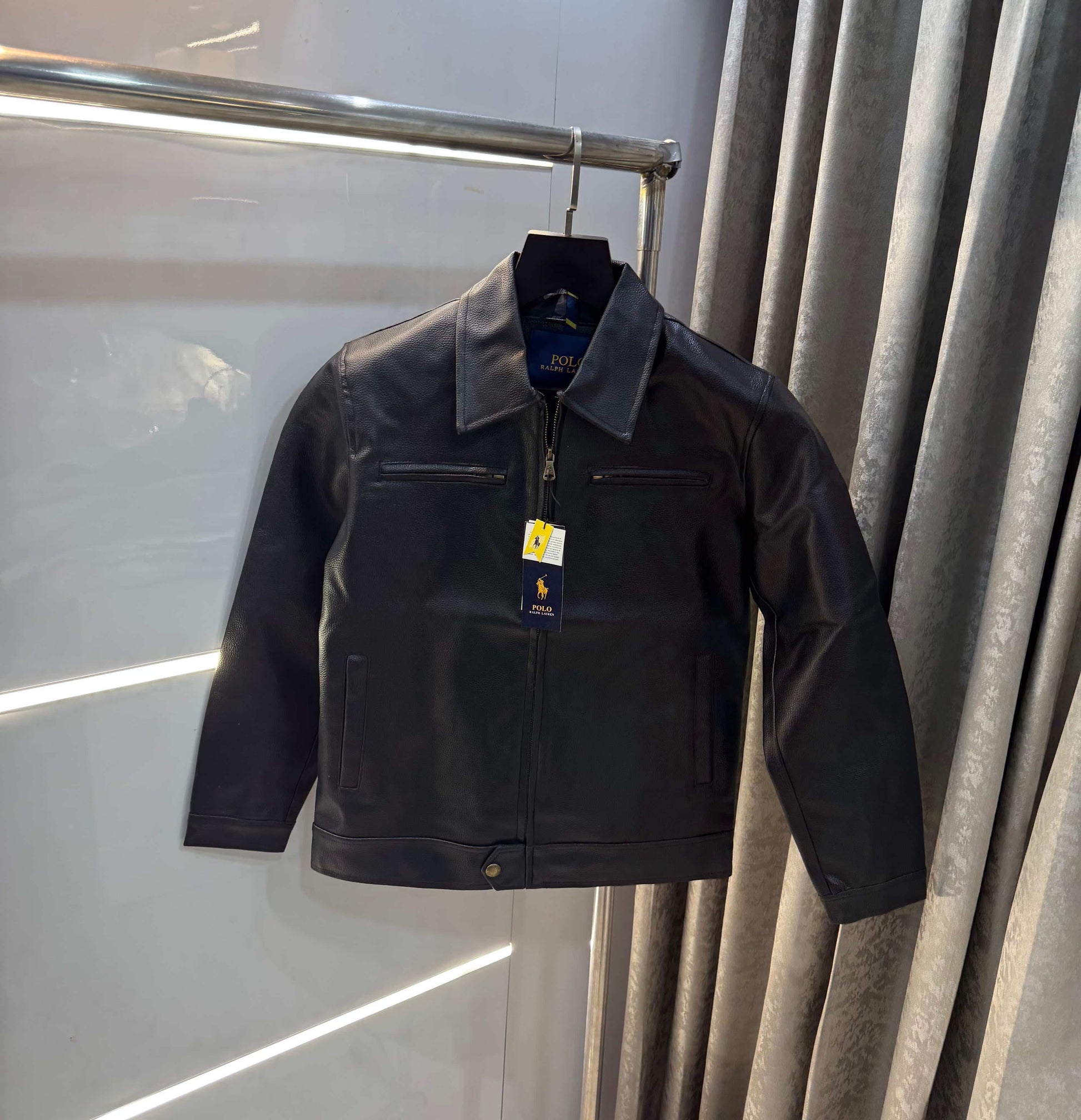 Ralp h Lauren black leather Embroidery Logo Premium Bomber Jacket