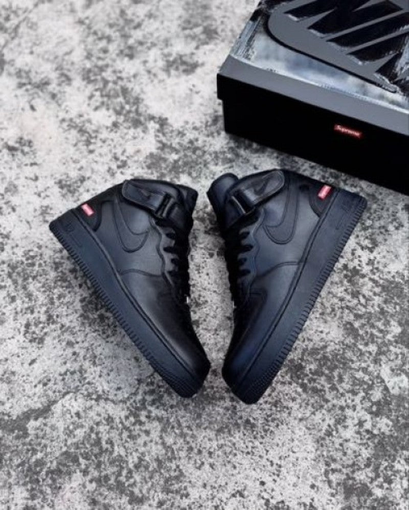 Nike Airforce 1 Supreme X Mid Leather ALL BLACK 1st Leather