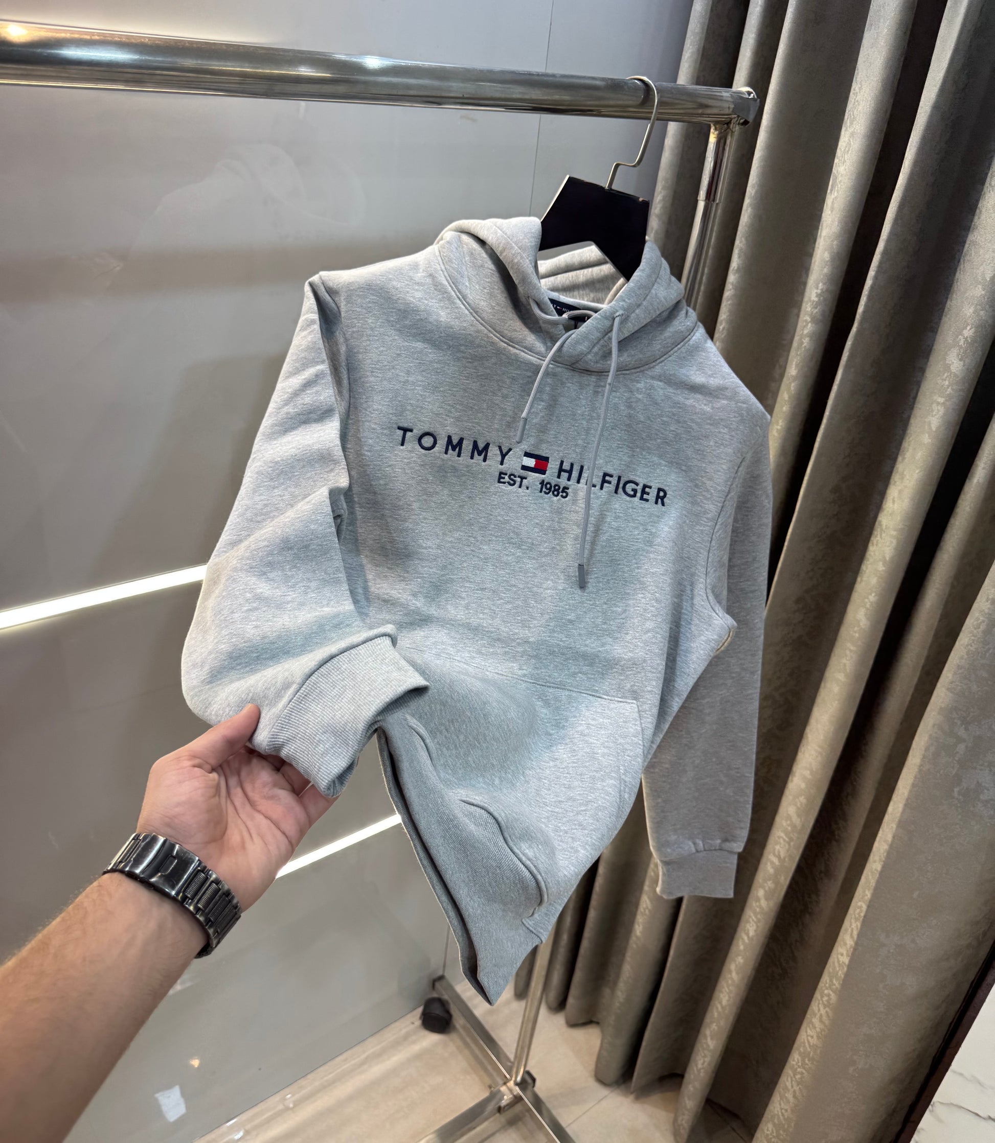 Tomm y Hilfiger Grey Embroidery Logo Imported Hoodie