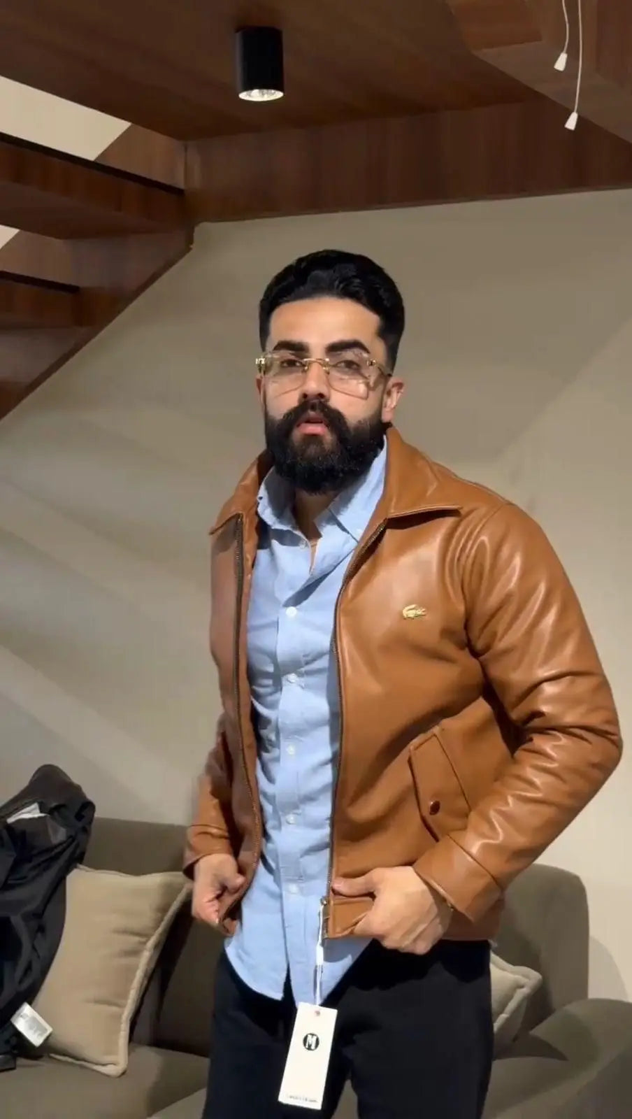 Lacost e Tan Brown Back Work Imported Leather Jacket