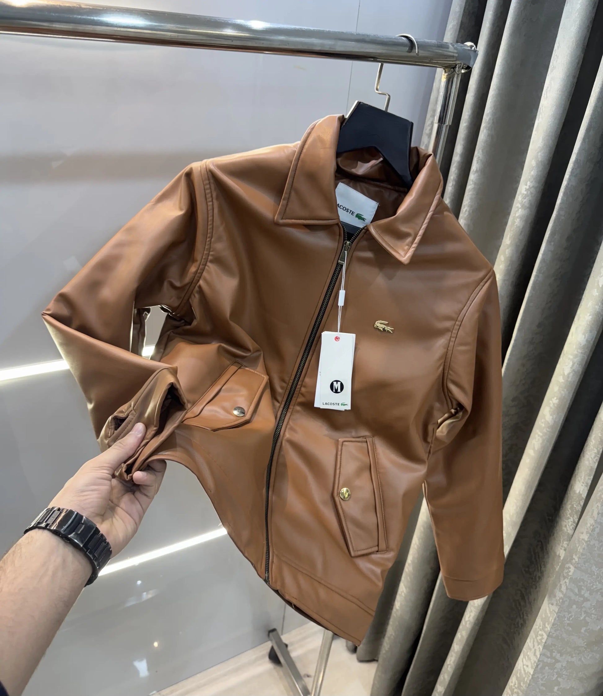 Lacost e Tan Brown Back Work Imported Leather Jacket