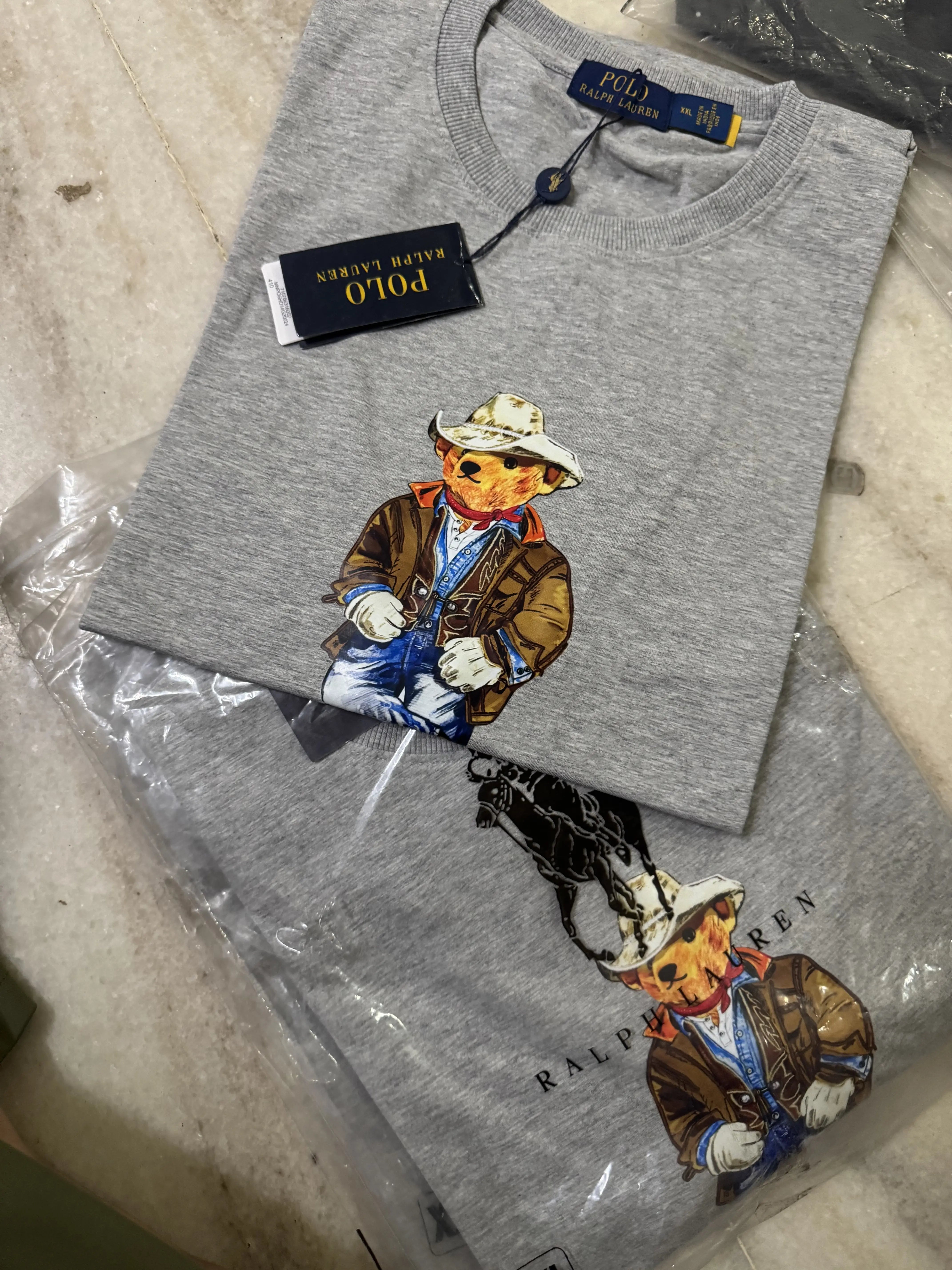 Ralp h lauren Grey New Teddy Logo Premium T-Shirt