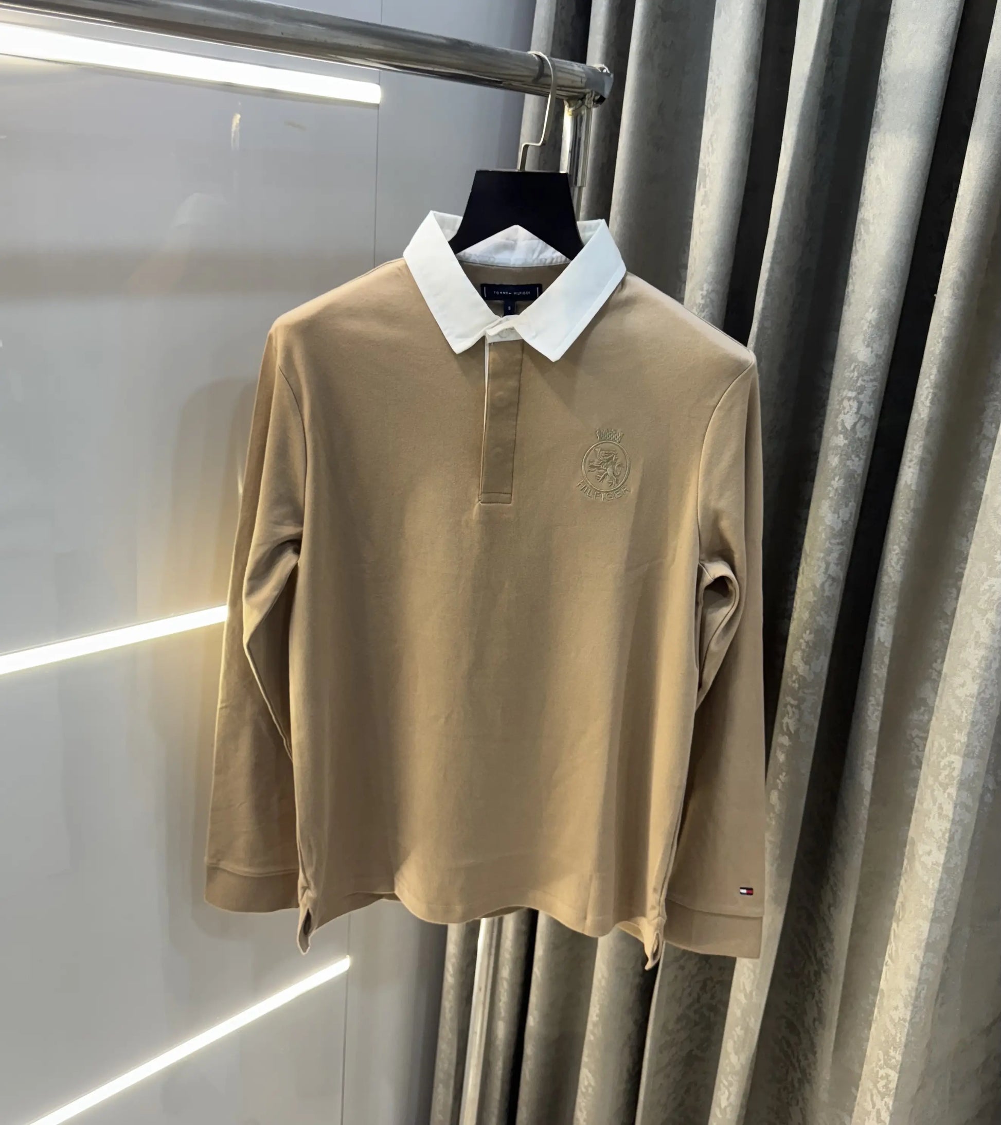 Tomm y Hilfiger Beige Embroidery Logo Premium Full Sleeve Polo T-Shirt