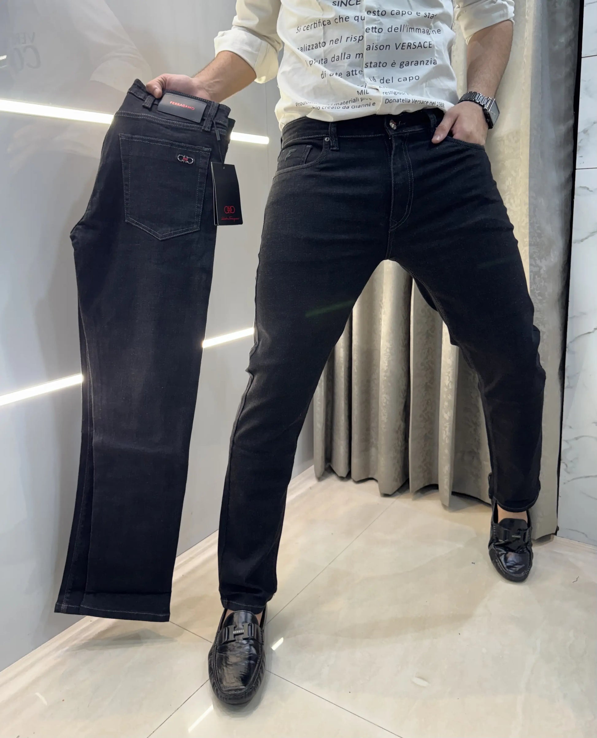 Ferragamo Carbon Black Raw Wash Imported Classic Denim
