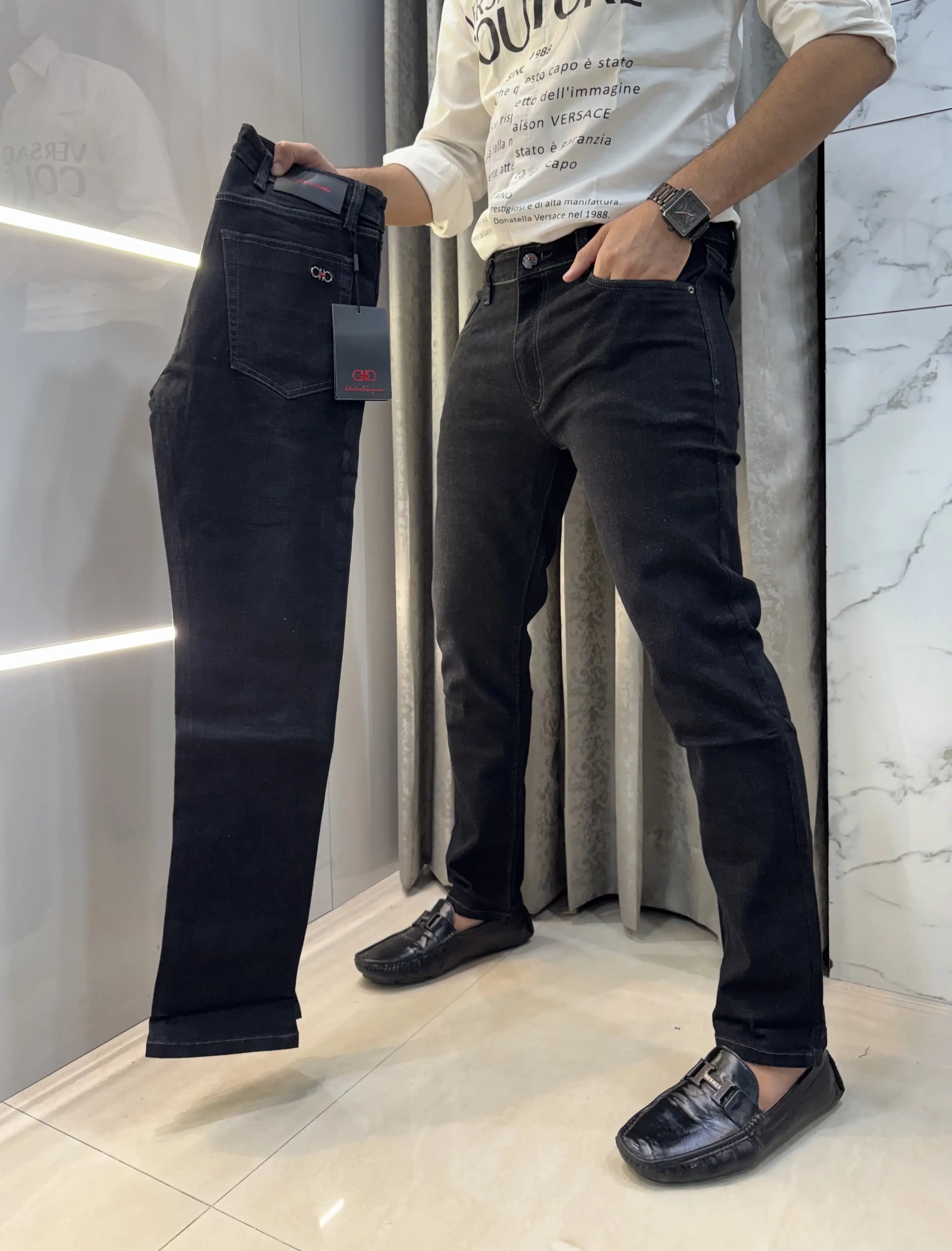 Ferragamo Carbon Black Raw Wash Imported Classic Denim