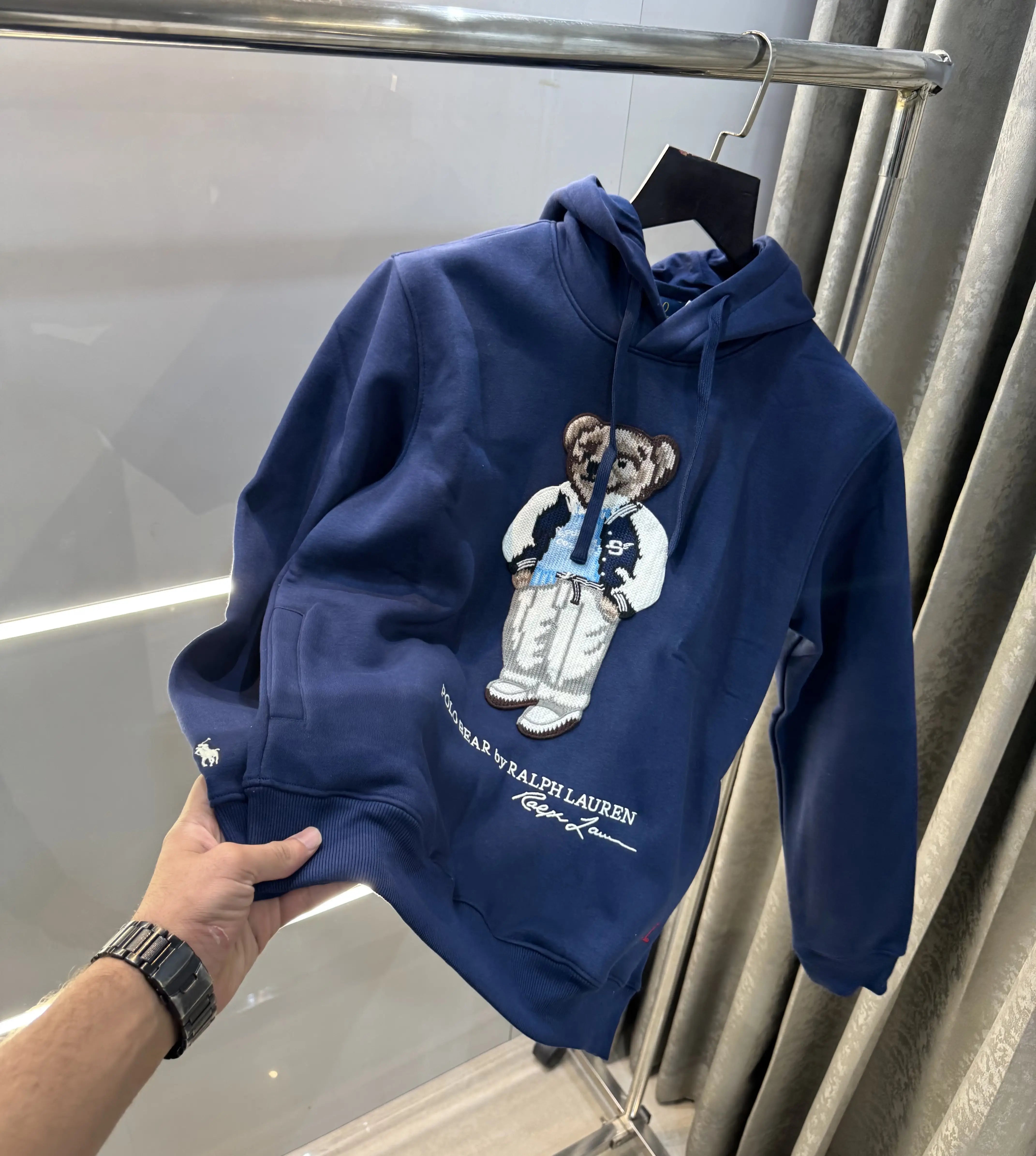 Ralph  Lauren Navy Blue Teddy Edition Embroidery Logo Imported Hoodie