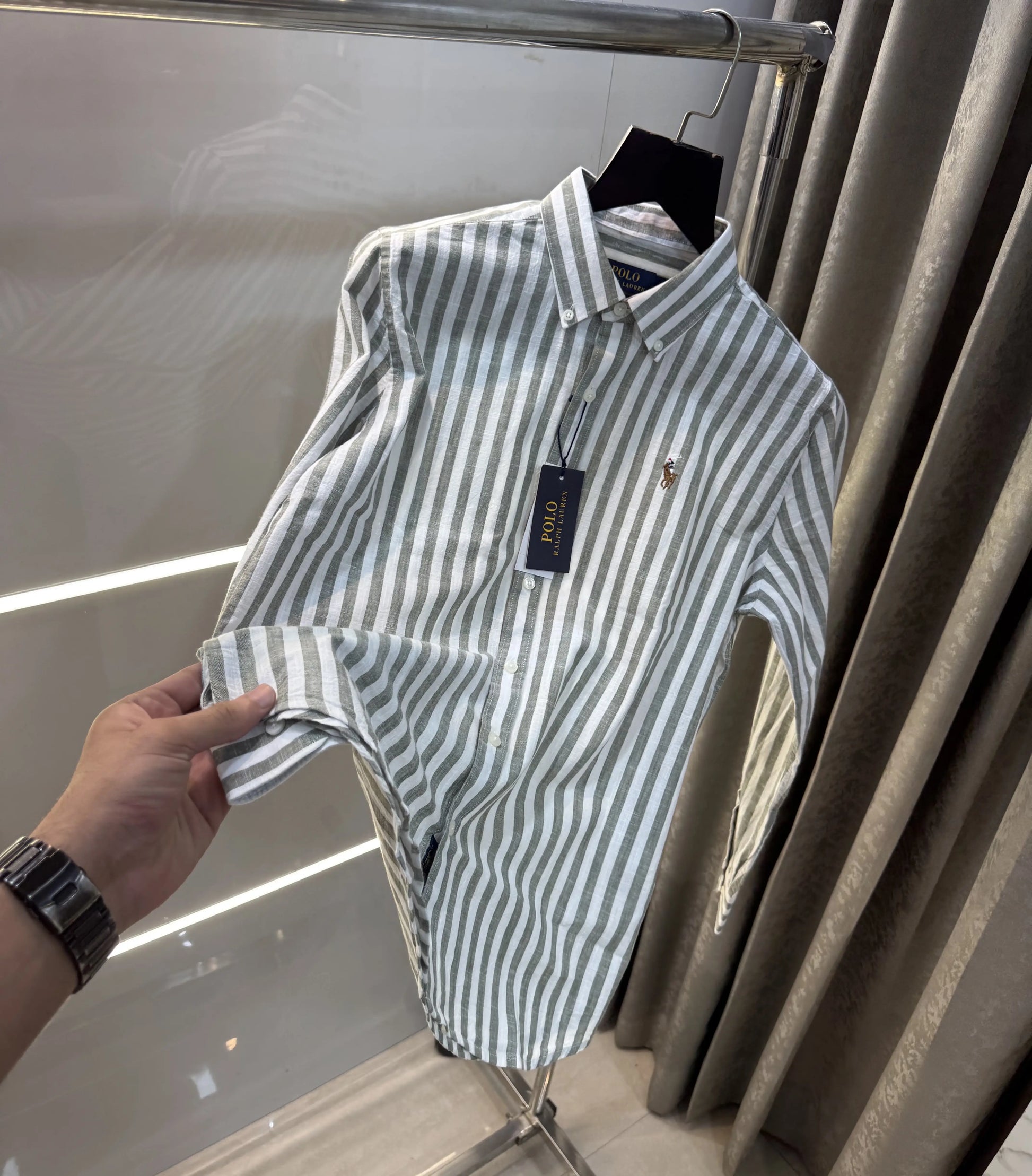 Ralph  Lauren Green Stripes Premium Linen Shirt