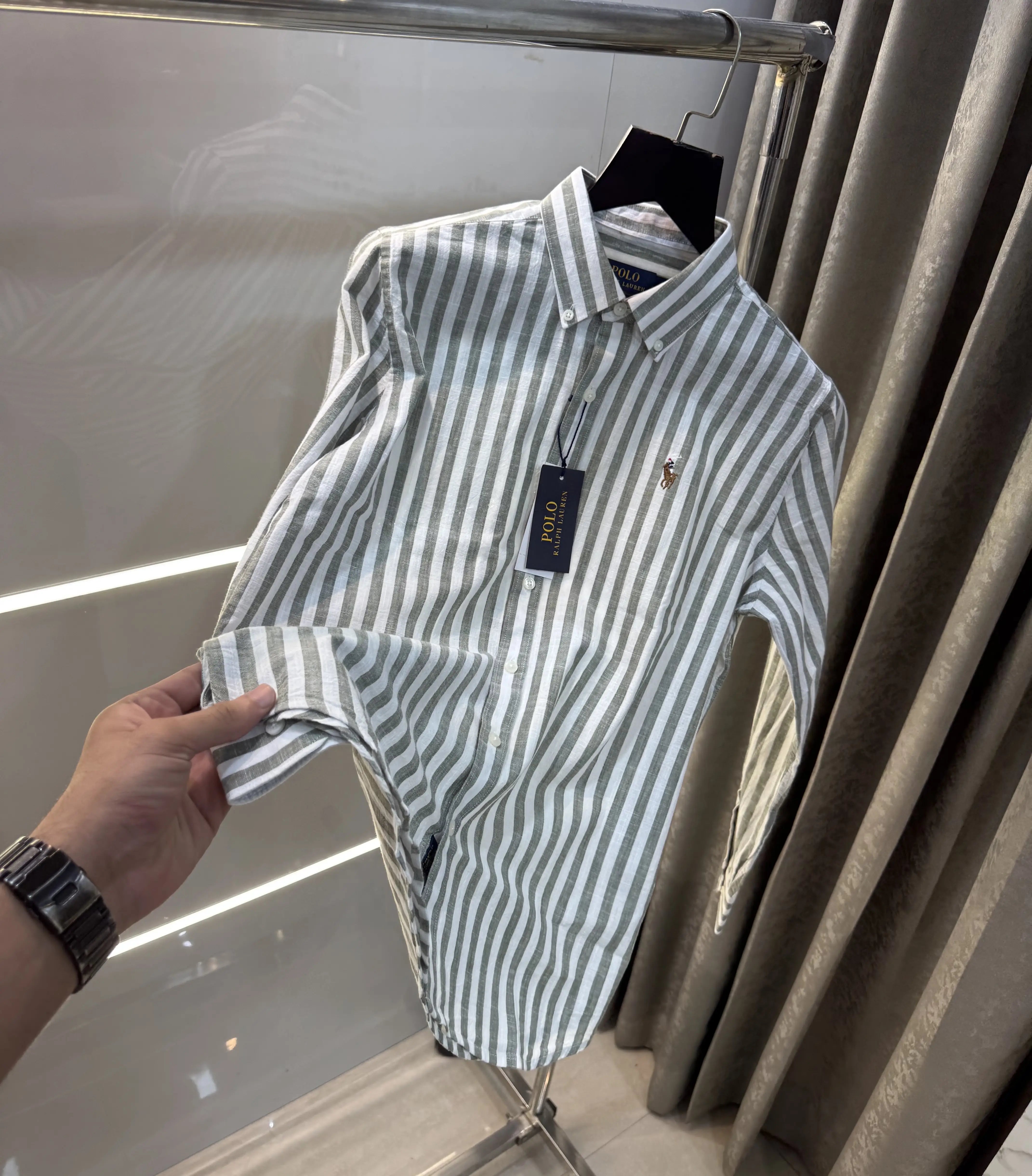 Ralph  Lauren Green Stripes Premium Linen Shirt