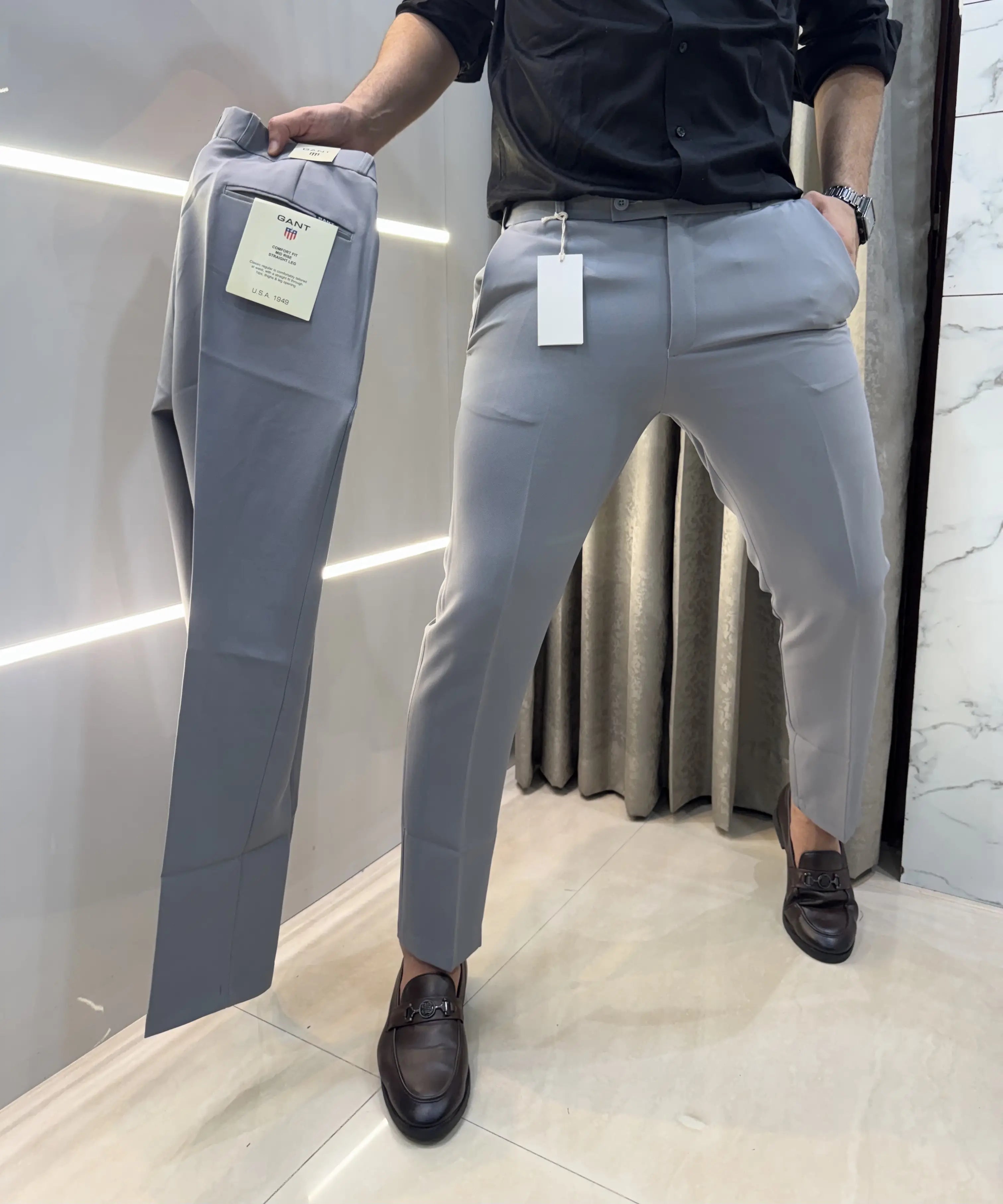 Gant Light Grey Premium Imported Belt Strech Trouser