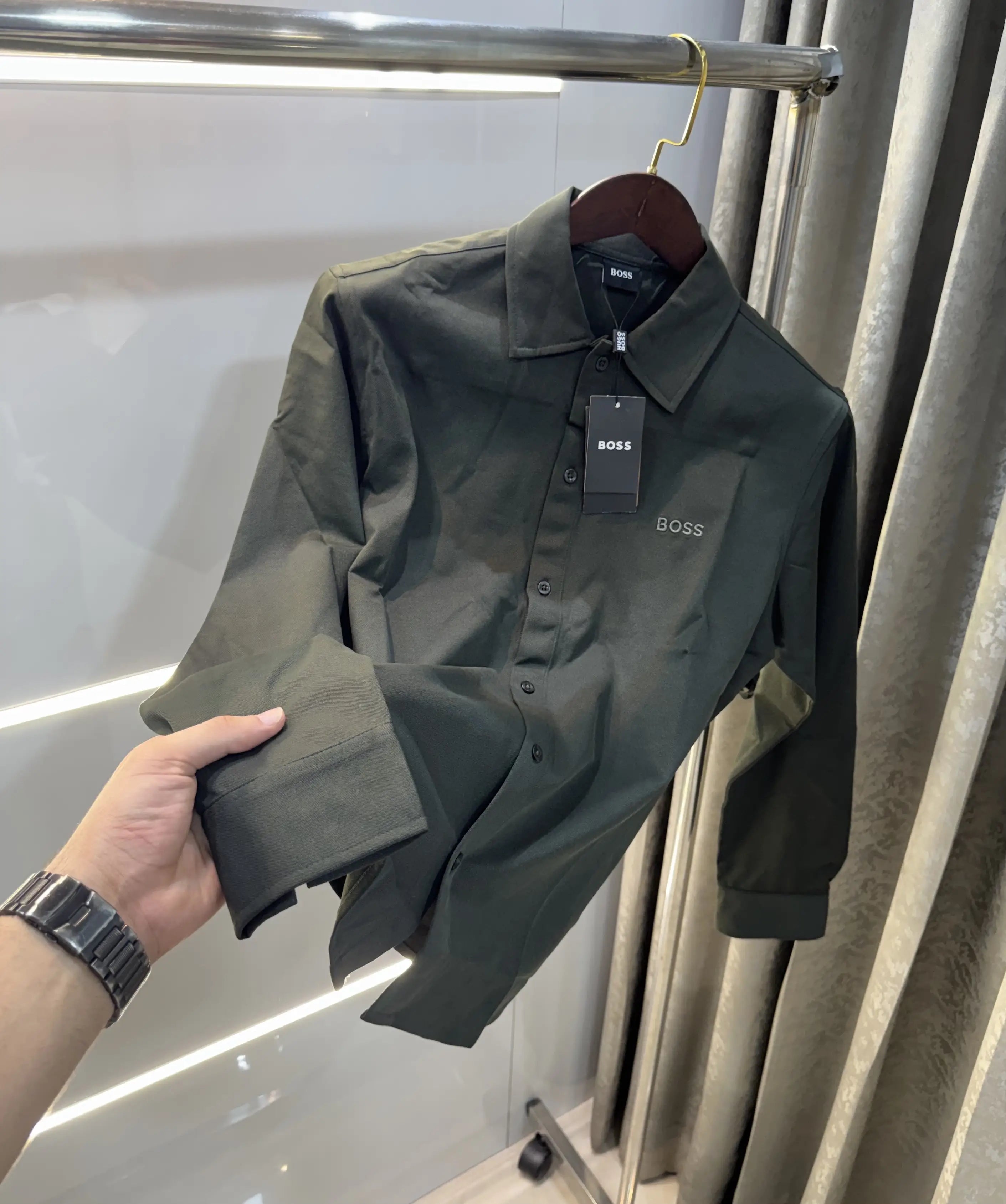 Hugo Bos s Bottle Green Embroidery Logo Imported Shirt