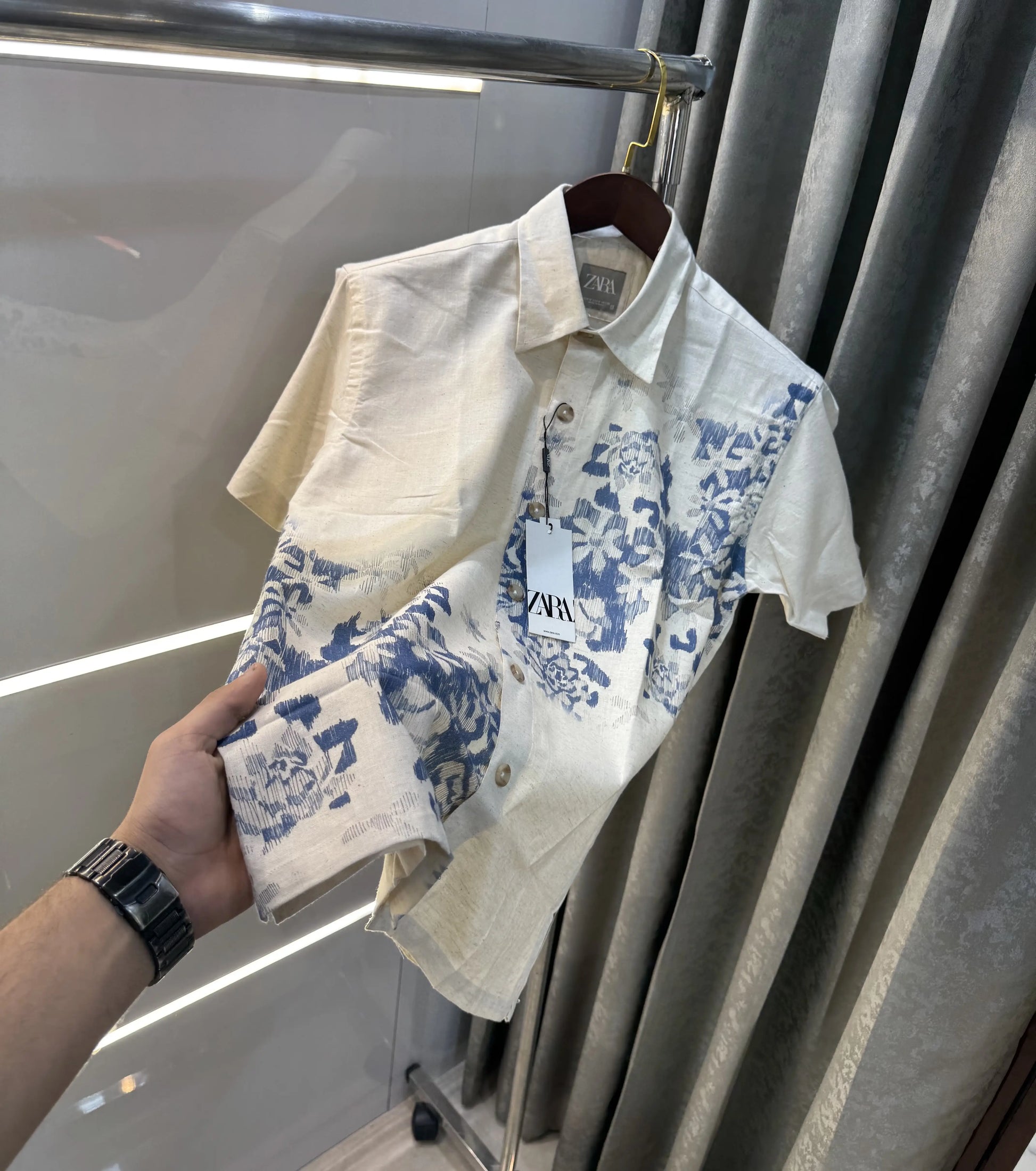 Zara Beige Blue 3 Premium Linen Shirt