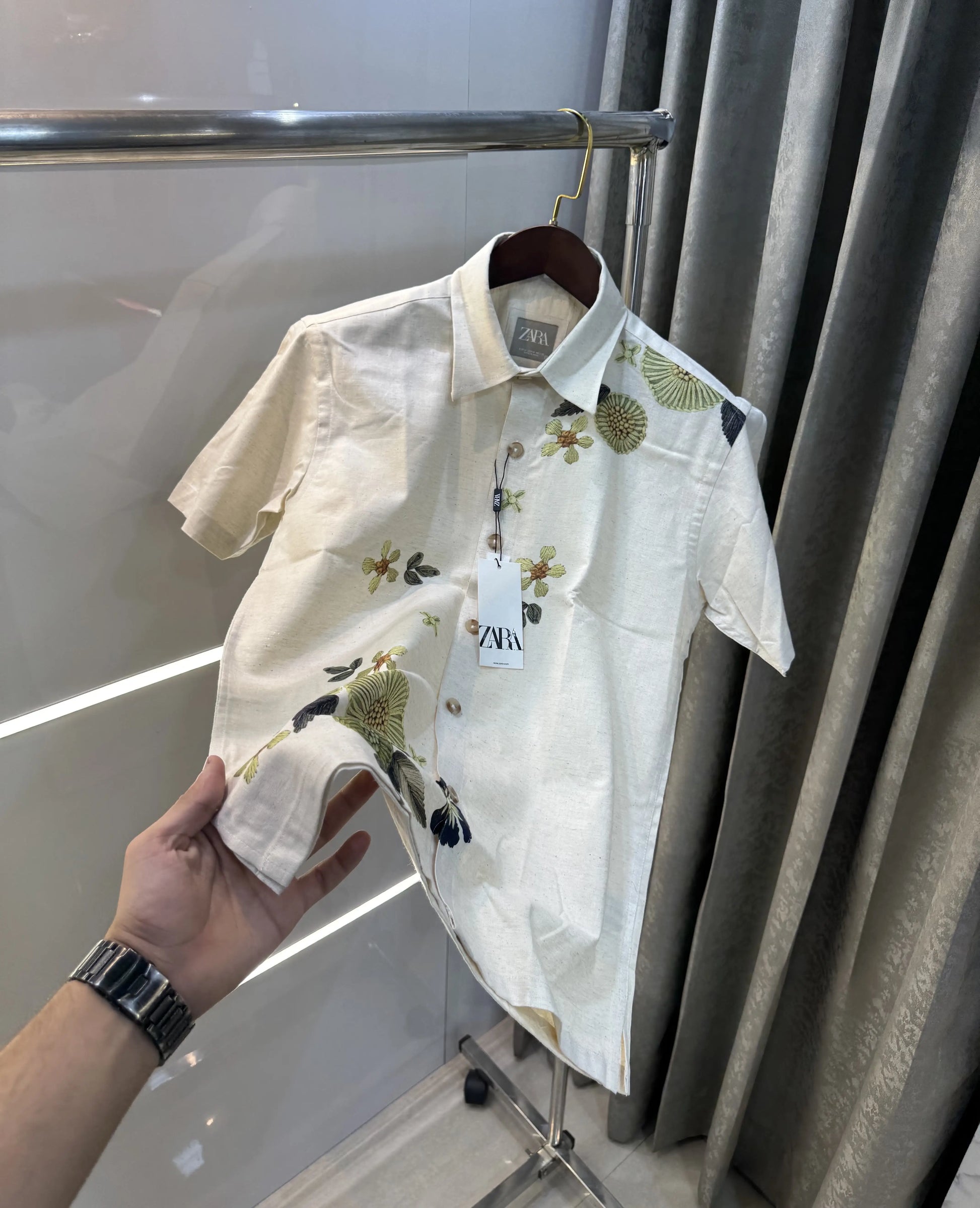 Zara Beige Green 5 Premium Linen Shirt