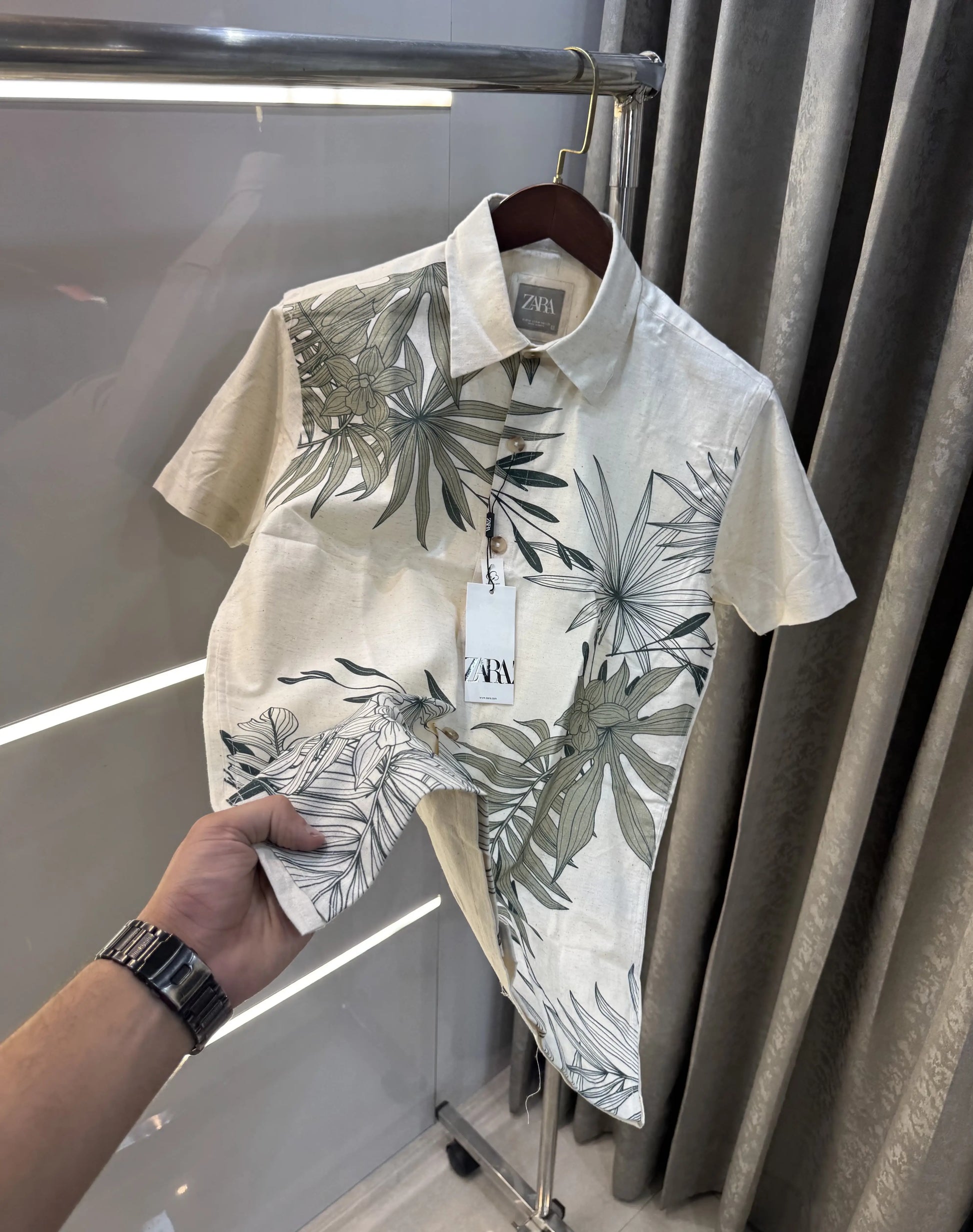 Zara Beige Green 9 Premium Linen Shirt