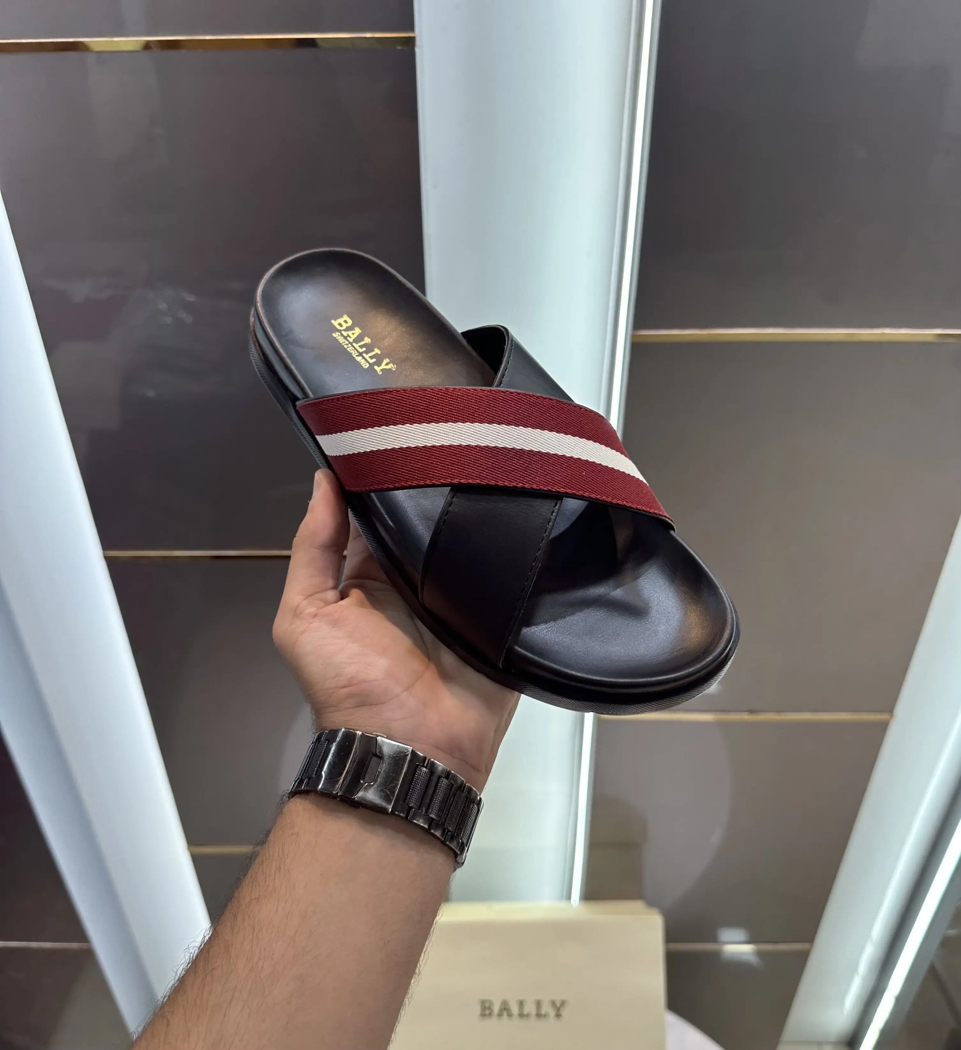 Bally Cross Premium Black Red Slide For Men