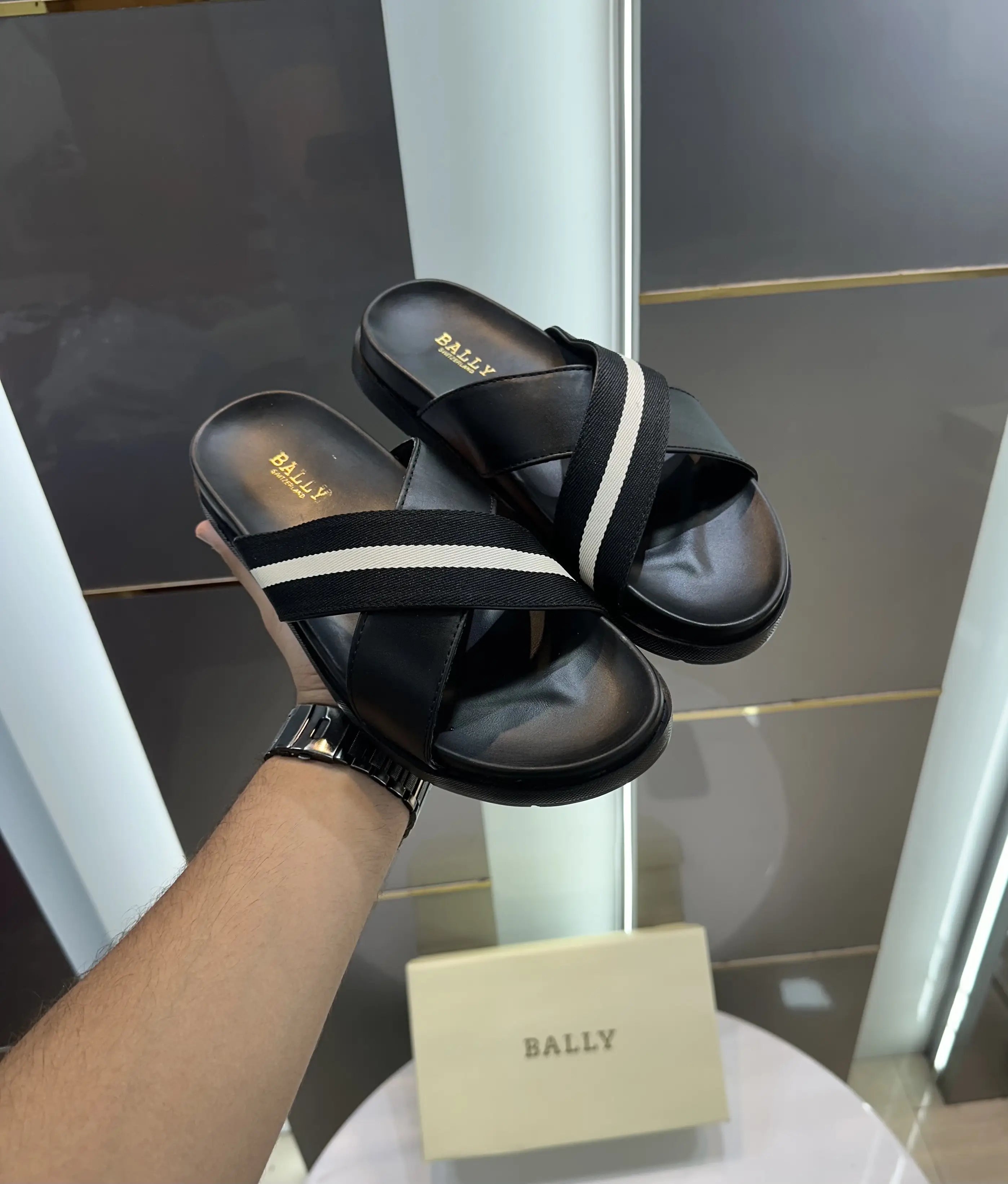 Bally Cross Premium Black White Slide For Men