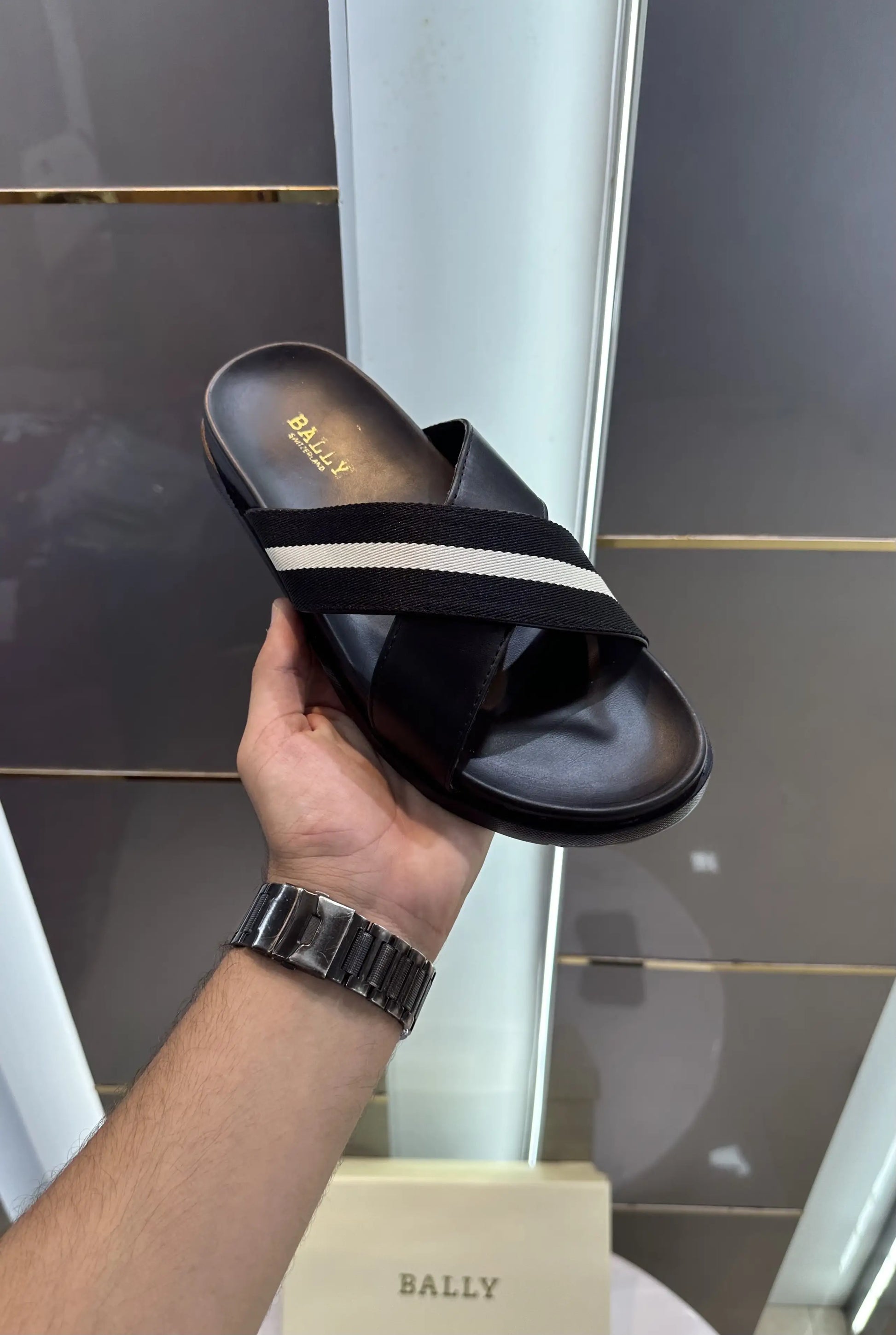 Bally Cross Premium Black White Slide For Men