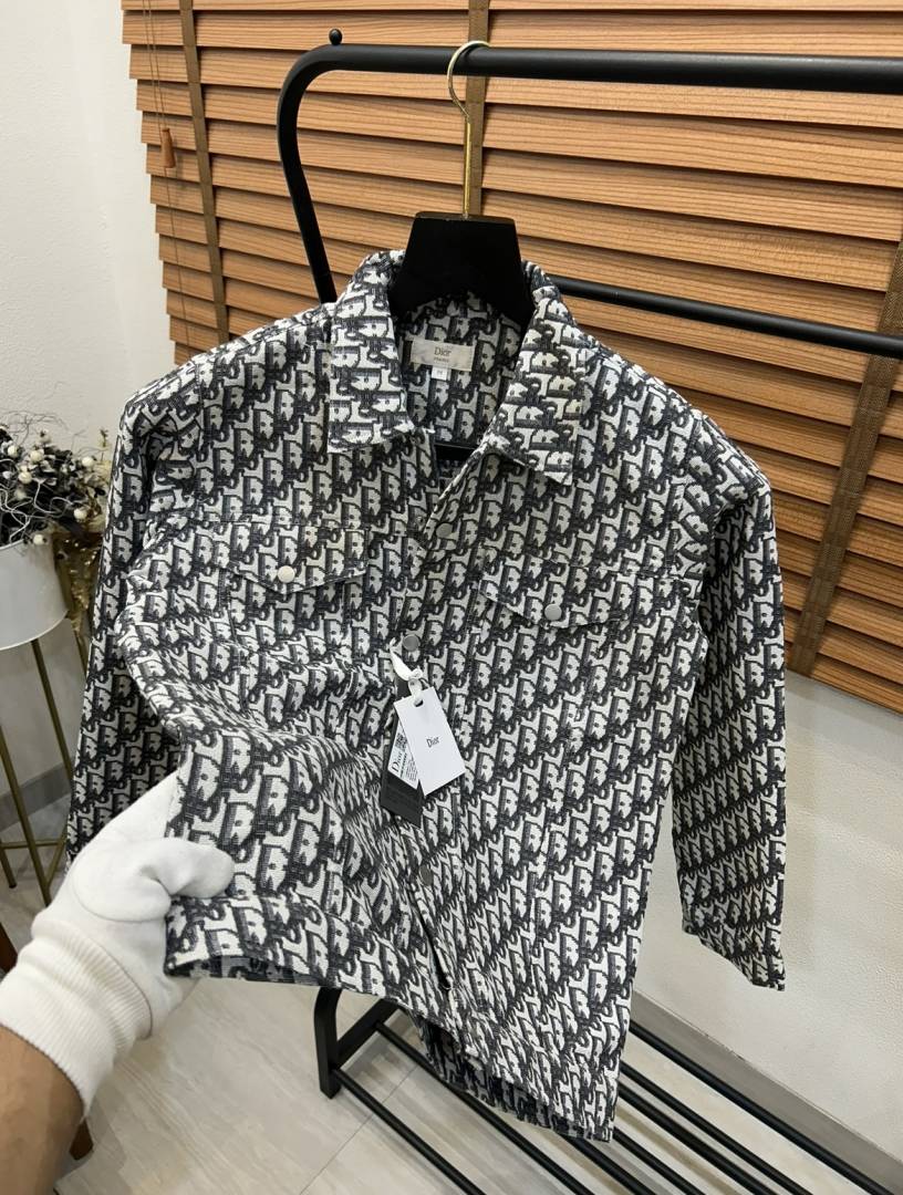 Christian Dio_r Monogram Print Premium Imported Shacket Grey Colour