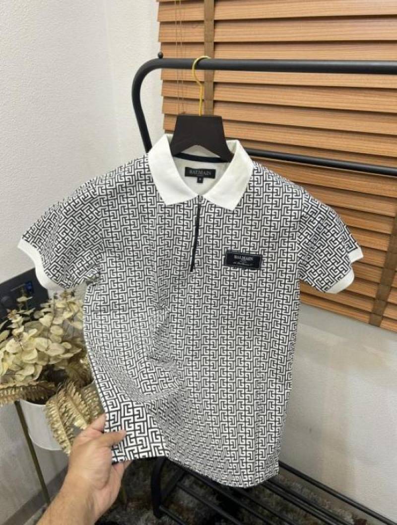 Balmai_n All Over Monogram Printed White Premium Zipper Polo T-shirt
