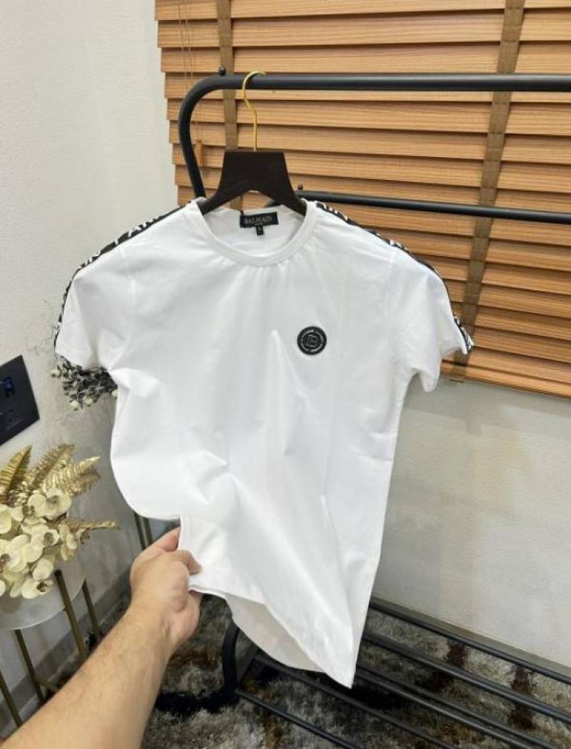 Balmai_n Paris Shoulder Patched Side Round Logo Premium Round Neck T-shirt