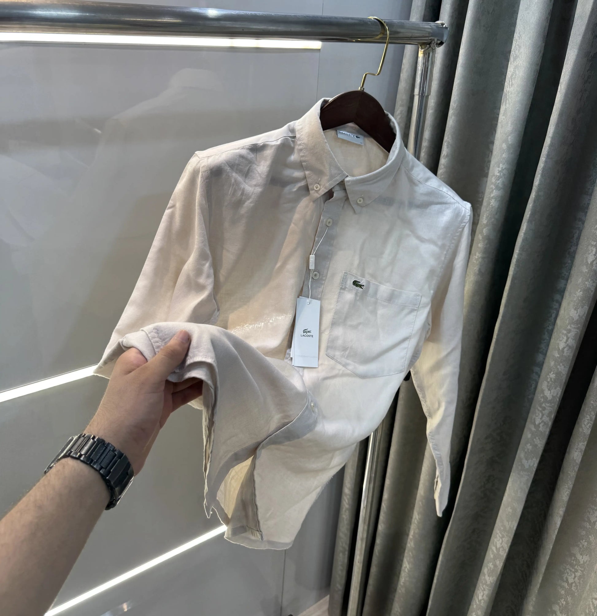 Lacoste Beige Embroidery Logo Premium Linen Shirt
