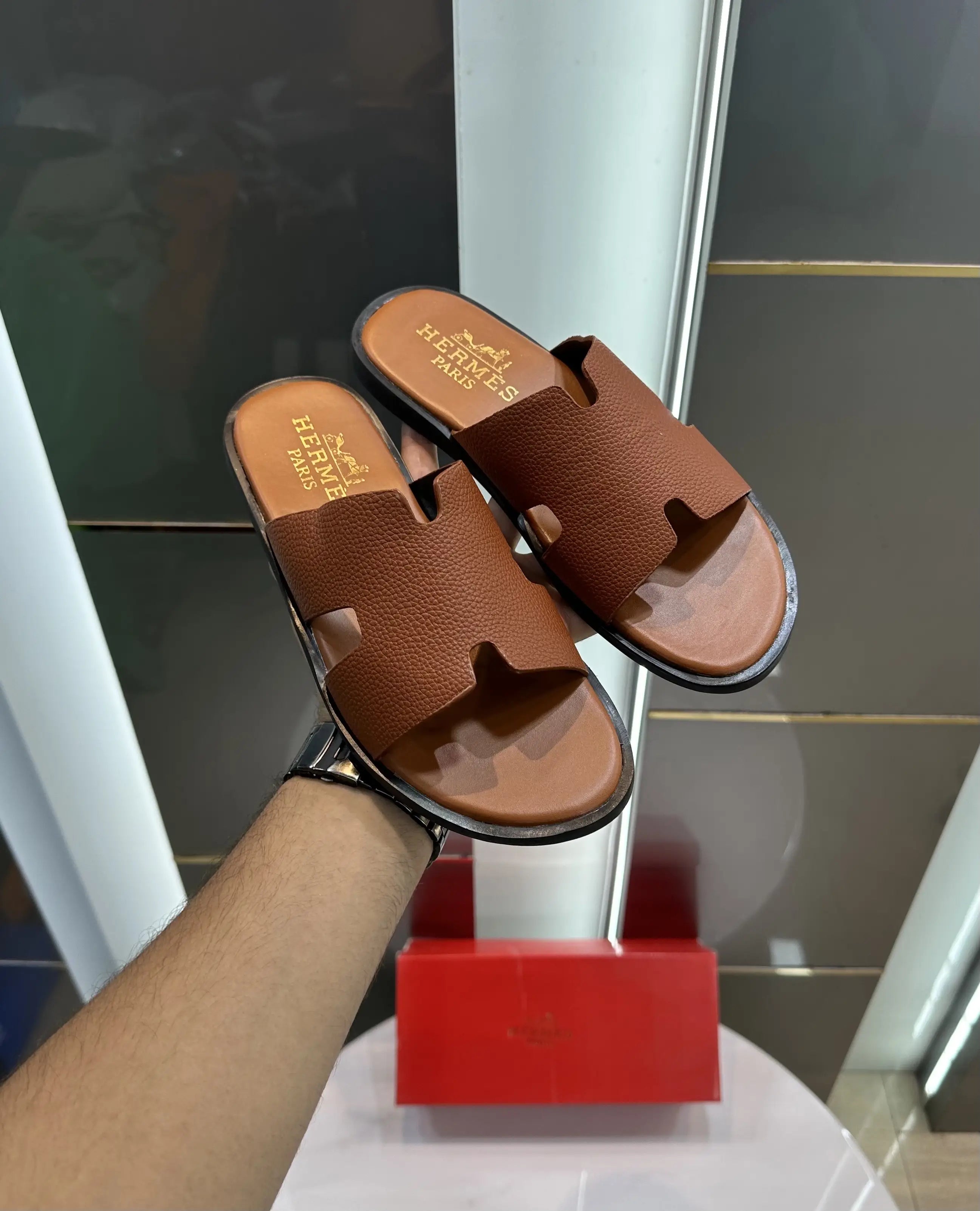 Herms_Tan Premium Leather Slide For Men