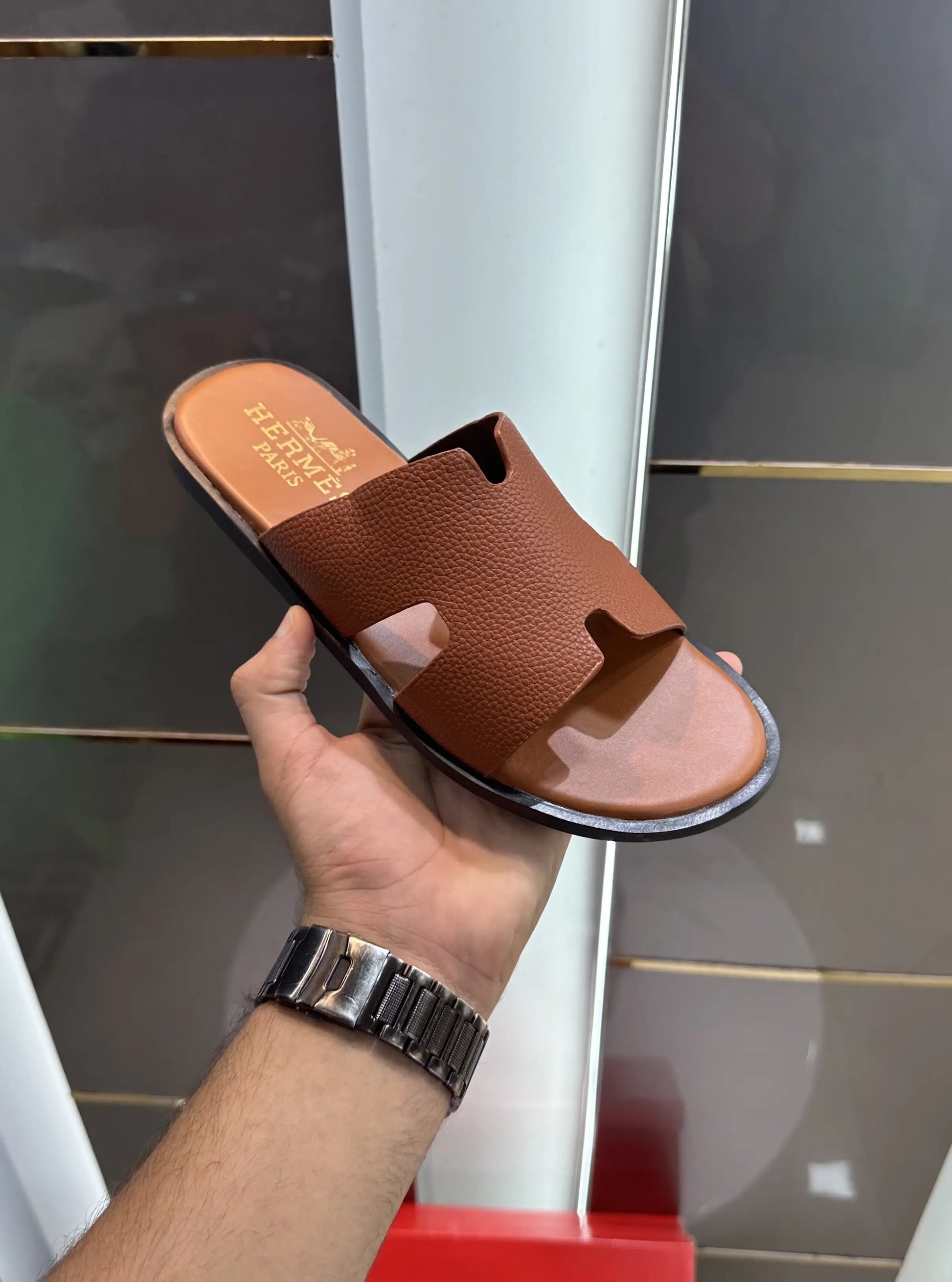 Herms_Tan Premium Leather Slide For Men