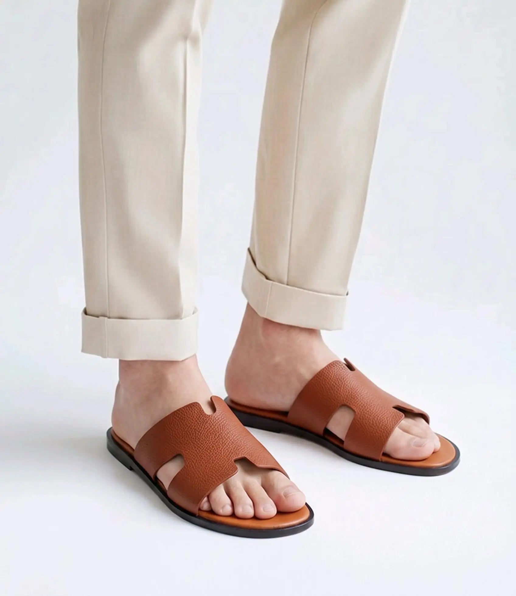 Herms_Tan Premium Leather Slide For Men