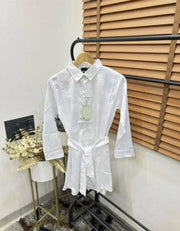 Balenciag_a Imported Silk Fabric Self MonograM Print Premium Belted Dress For Women