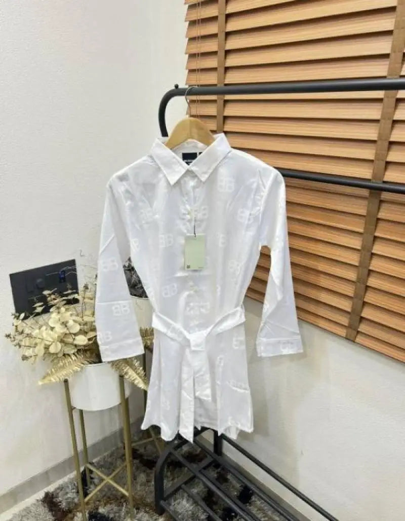 Balenciag_a Imported Silk Fabric Self MonograM Print Premium Belted Dress For Women