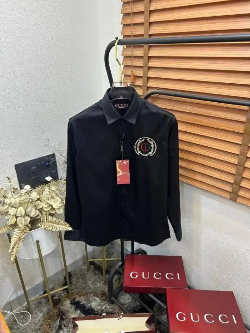 Gucc_i GG Embroidered Black Imported Very Premium Cotton Partywear Shirt With Og Box! And Bag (DN 516)