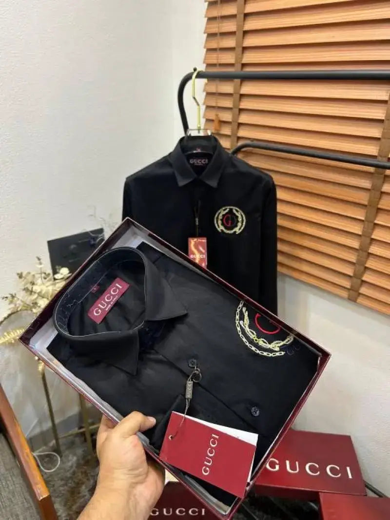 Gucc_i GG Embroidered Black Imported Very Premium Cotton Partywear Shirt With Og Box! And Bag (DN 516)