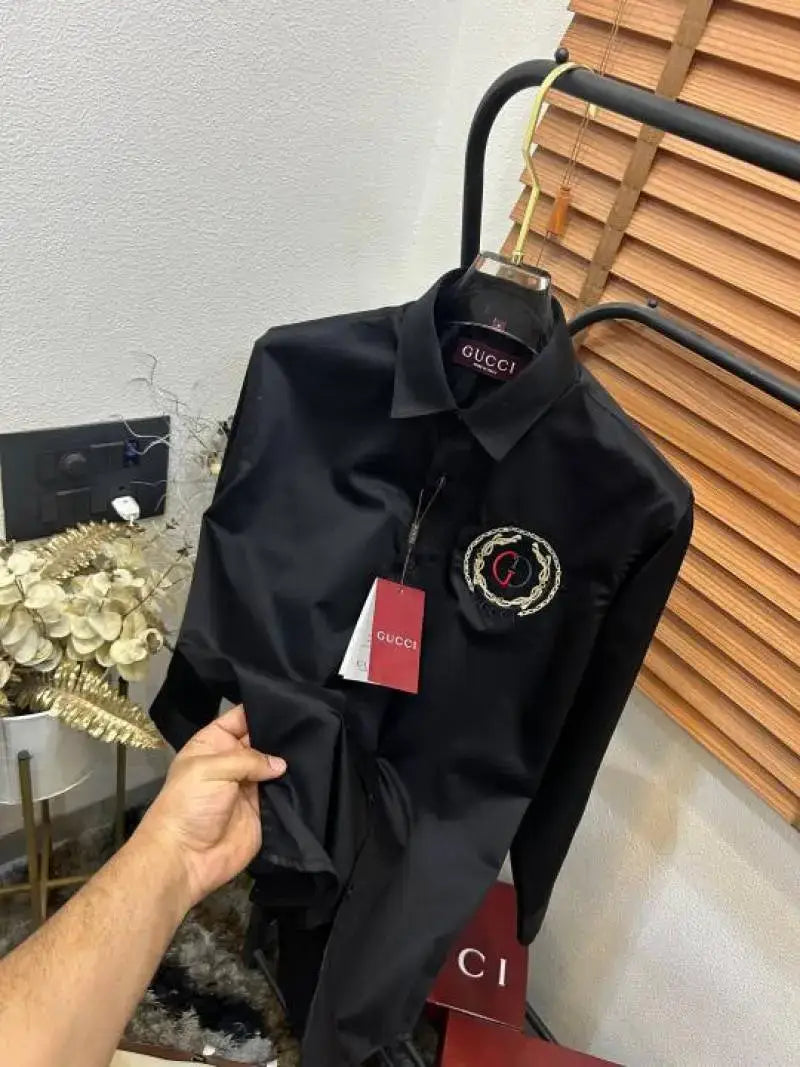 Gucc_i GG Embroidered Black Imported Very Premium Cotton Partywear Shirt With Og Box! And Bag (DN 516)