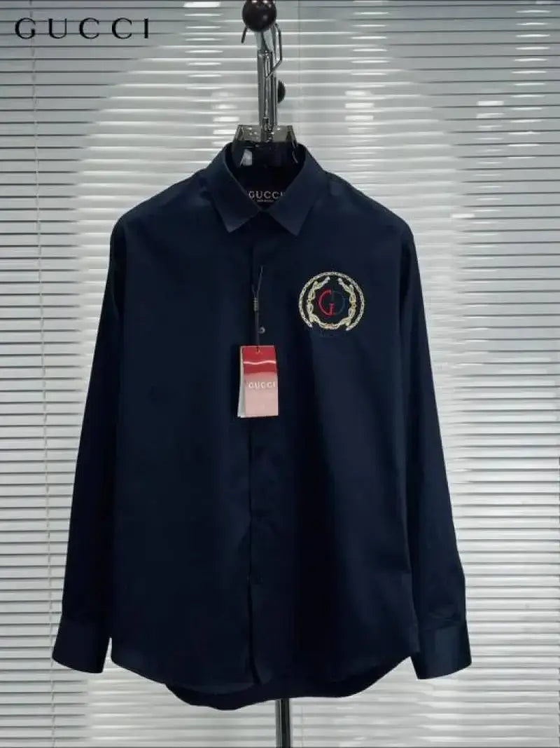 Gucc_i GG Embroidered Navy Blue Imported Very Premium Cotton Partywear Shirt With Og Bo-x And Bag (DN 516)