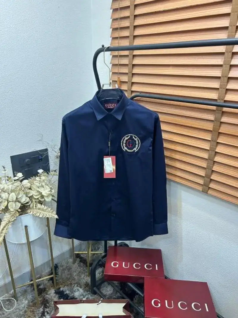 Gucc_i GG Embroidered Navy Blue Imported Very Premium Cotton Partywear Shirt With Og Bo-x And Bag (DN 516)