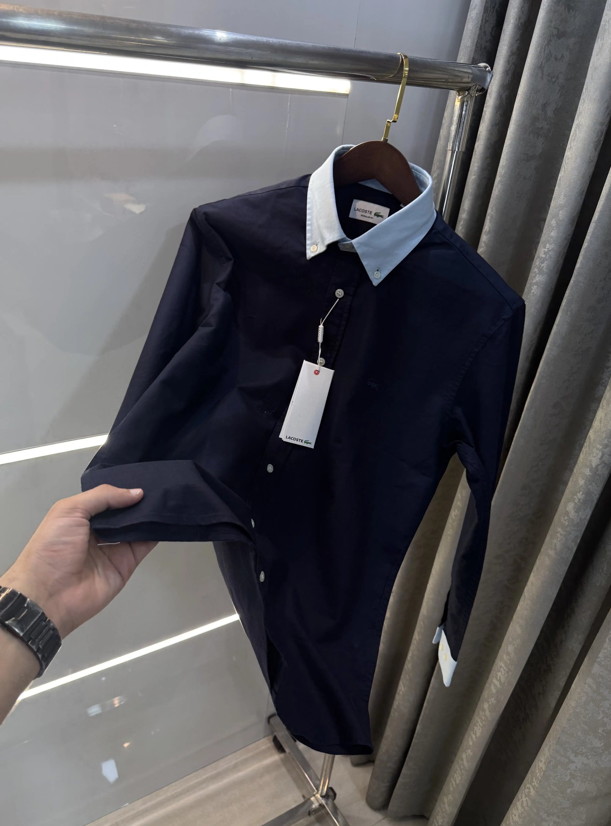 Lacost e Navy Blue Embroidery Logo Work Premium Shirt