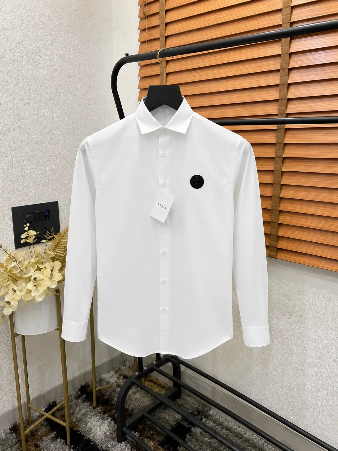 Balmai_n Paris Tira Steel Round Logo Patched Imported Premium Partywear Shirt With OG Box White