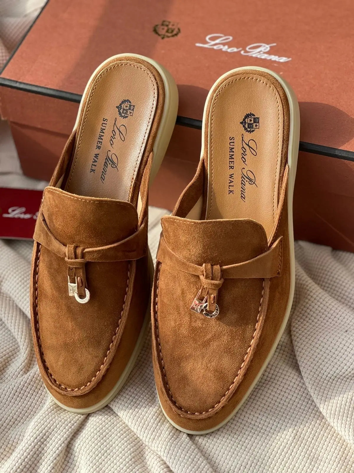 Loro_Piana Key Lock Slip-Ons Tan