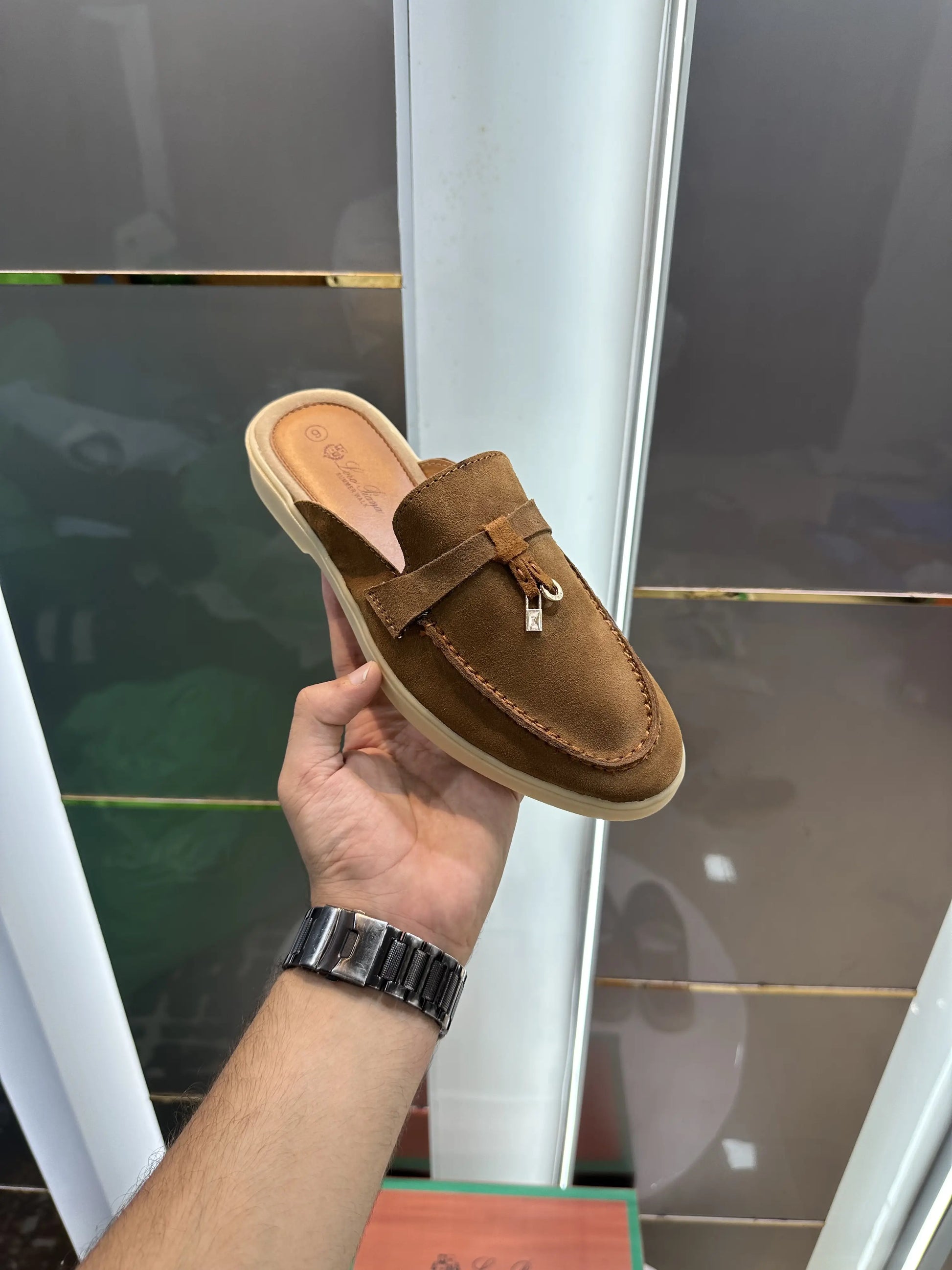 Loro_Piana Key Lock Slip-Ons Tan